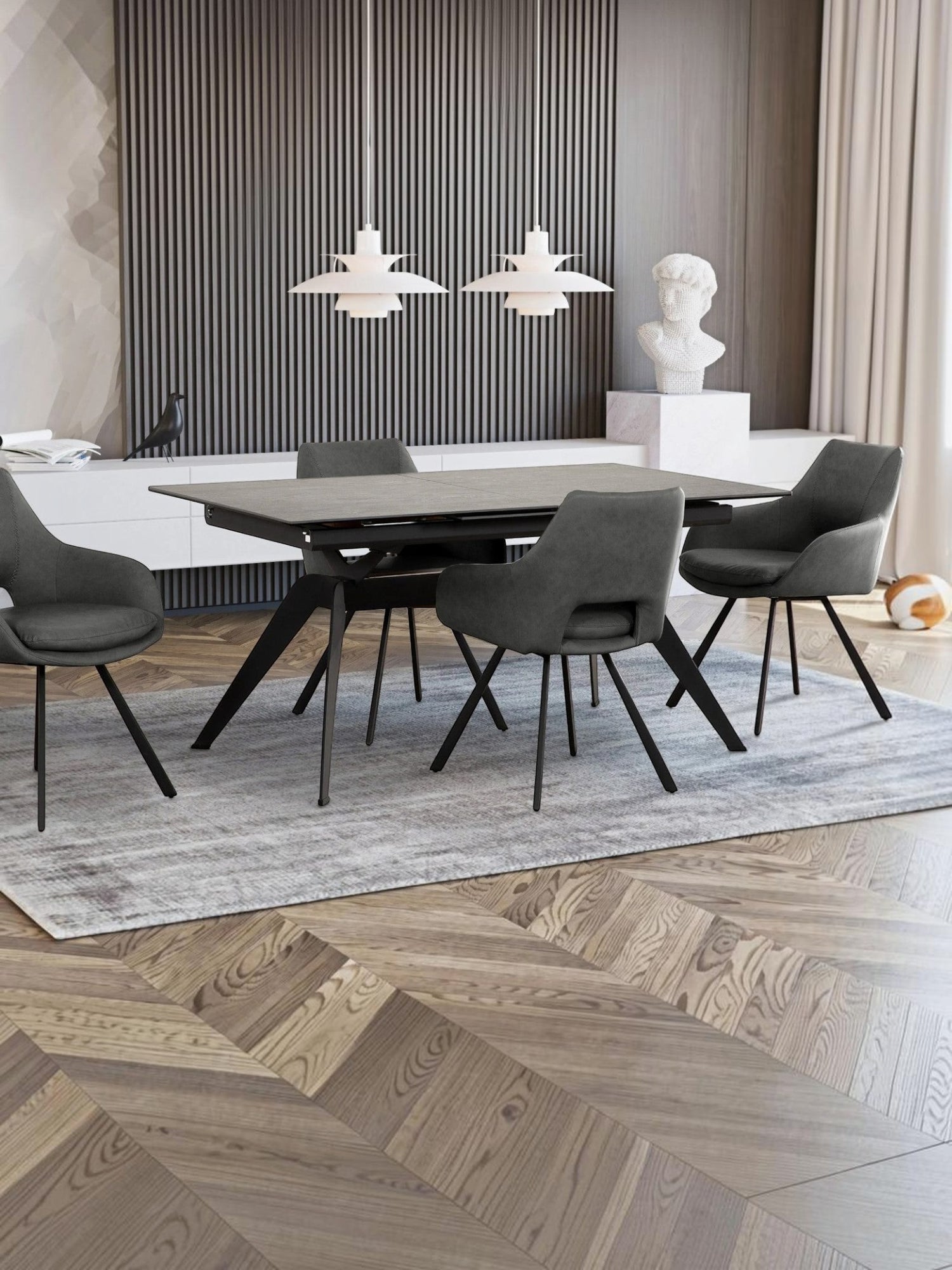 Table de salle à manger Liora TOCO Meubles en céramique grise extensible avec pieds en métal noir, 4 chaises grises assorties.