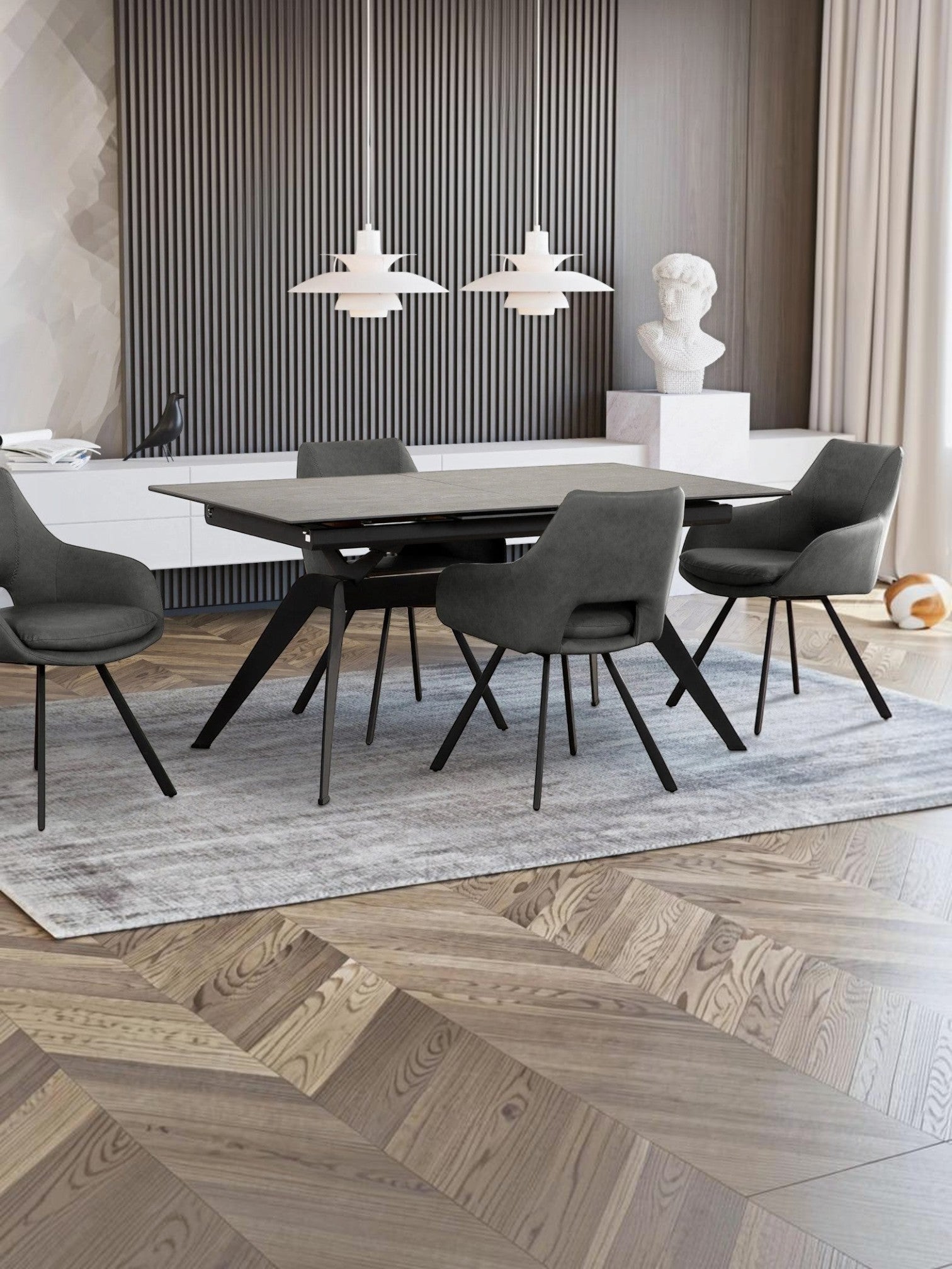 Table de salle à manger Liora TOCO Meubles en céramique grise extensible avec pieds en métal noir, 4 chaises grises assorties.