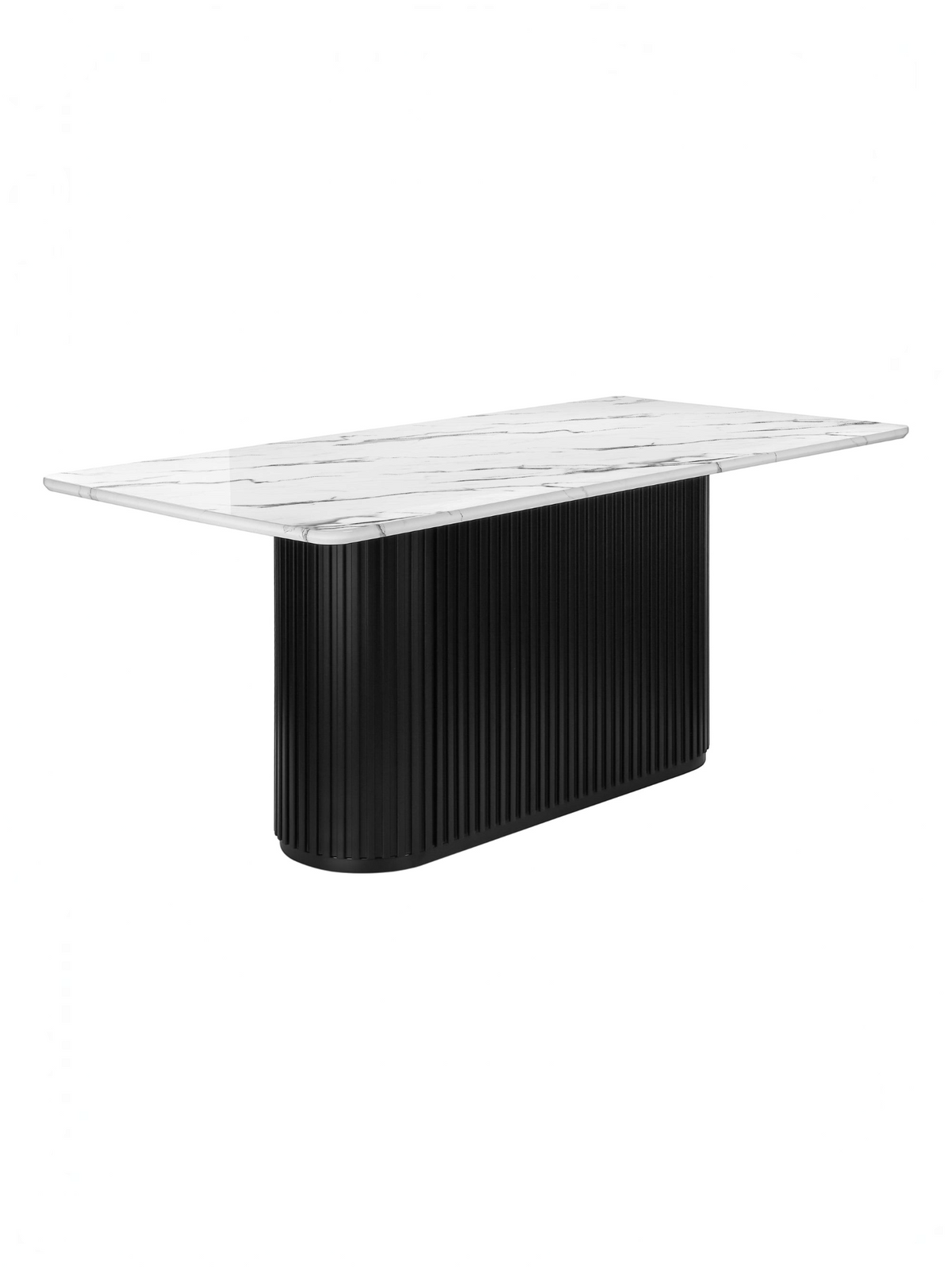 Table de salle à manger rectangulaire TOCO Meubles Karmen avec plateau blanc effet marbre et base noire cannelée