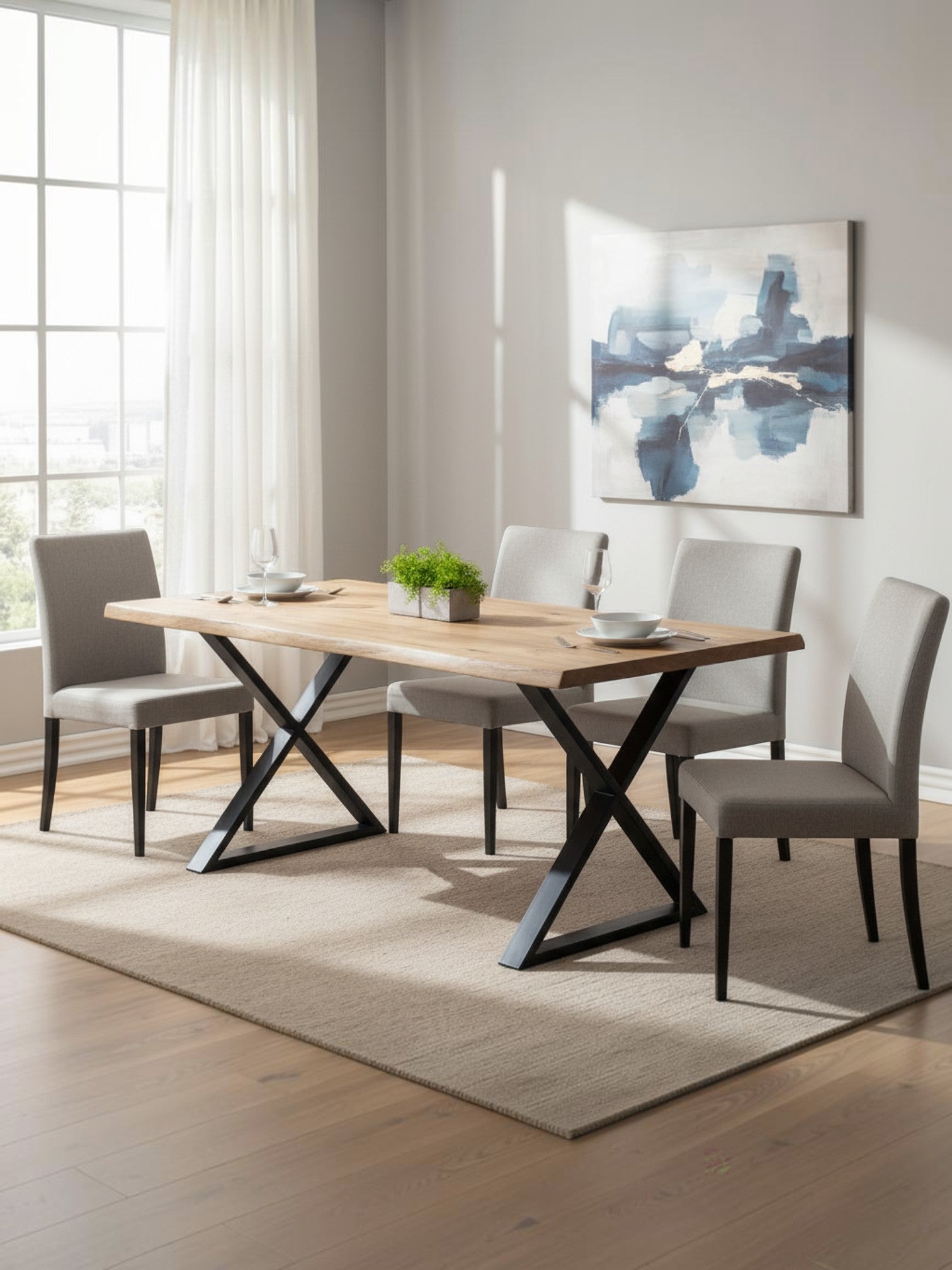 Table de salle à manger Nova TOCO Meubles en bois naturel avec pieds noirs géométriques style industriel