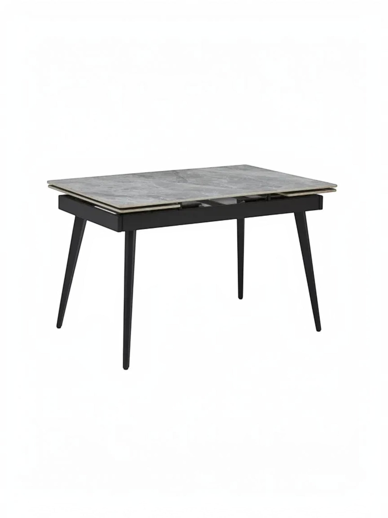 Table à manger Studio TOCO Meubles grise extensible avec plateau en pierre frittée et pieds en métal noir.