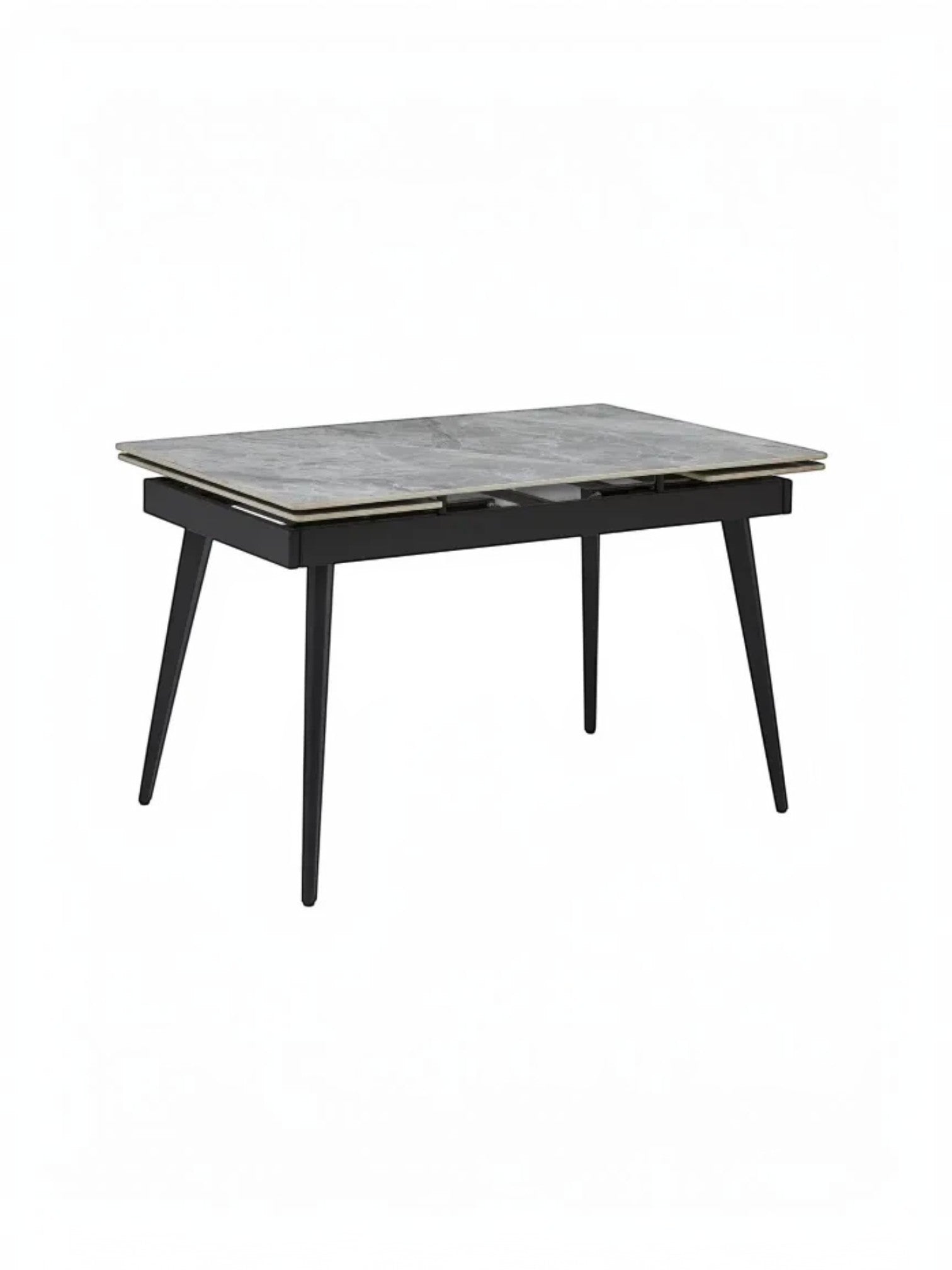 Table à manger Studio TOCO Meubles grise extensible avec plateau en pierre frittée et pieds en métal noir.