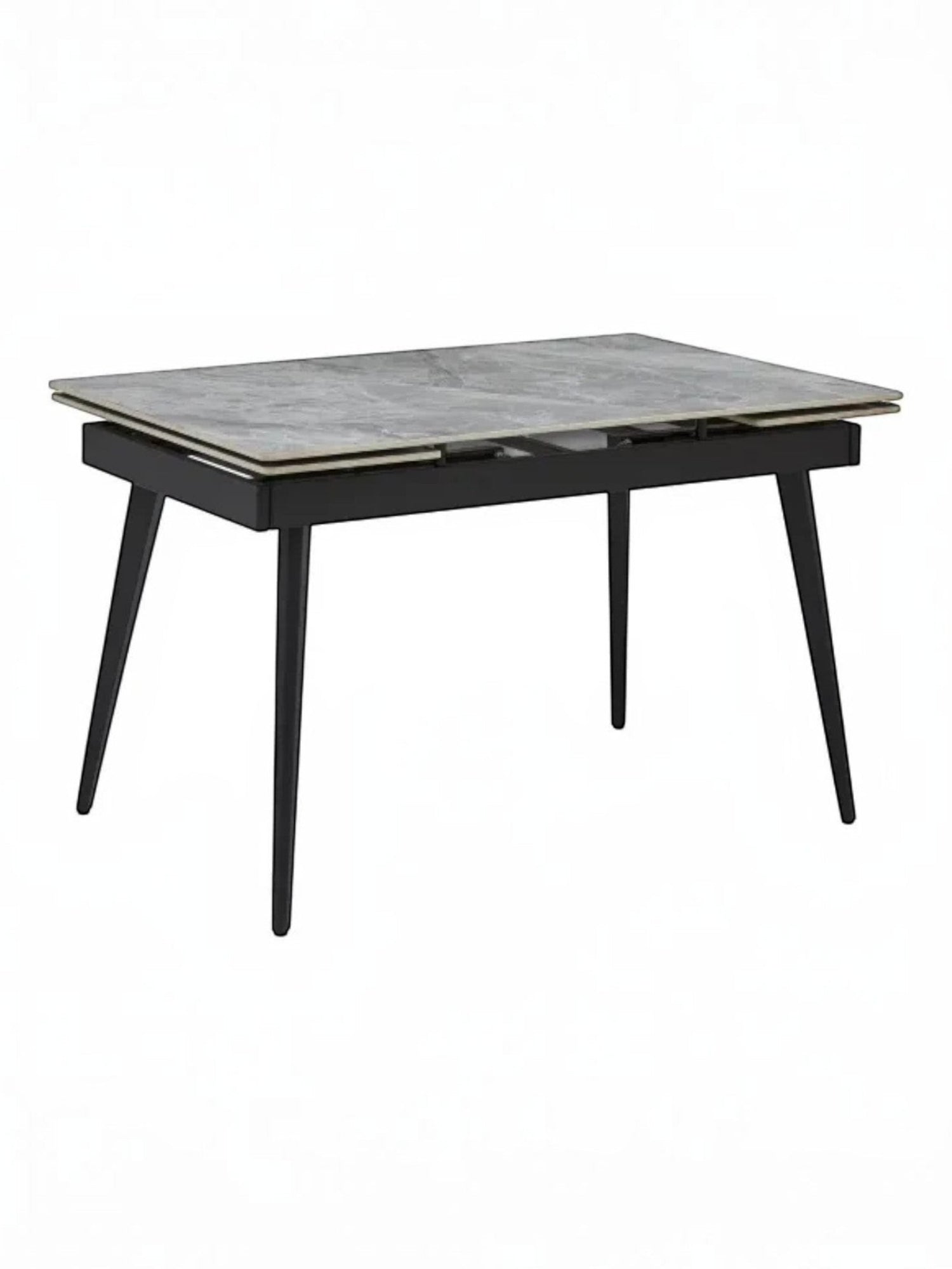Table à manger Studio TOCO Meubles grise extensible avec plateau en pierre frittée et pieds en métal noir.