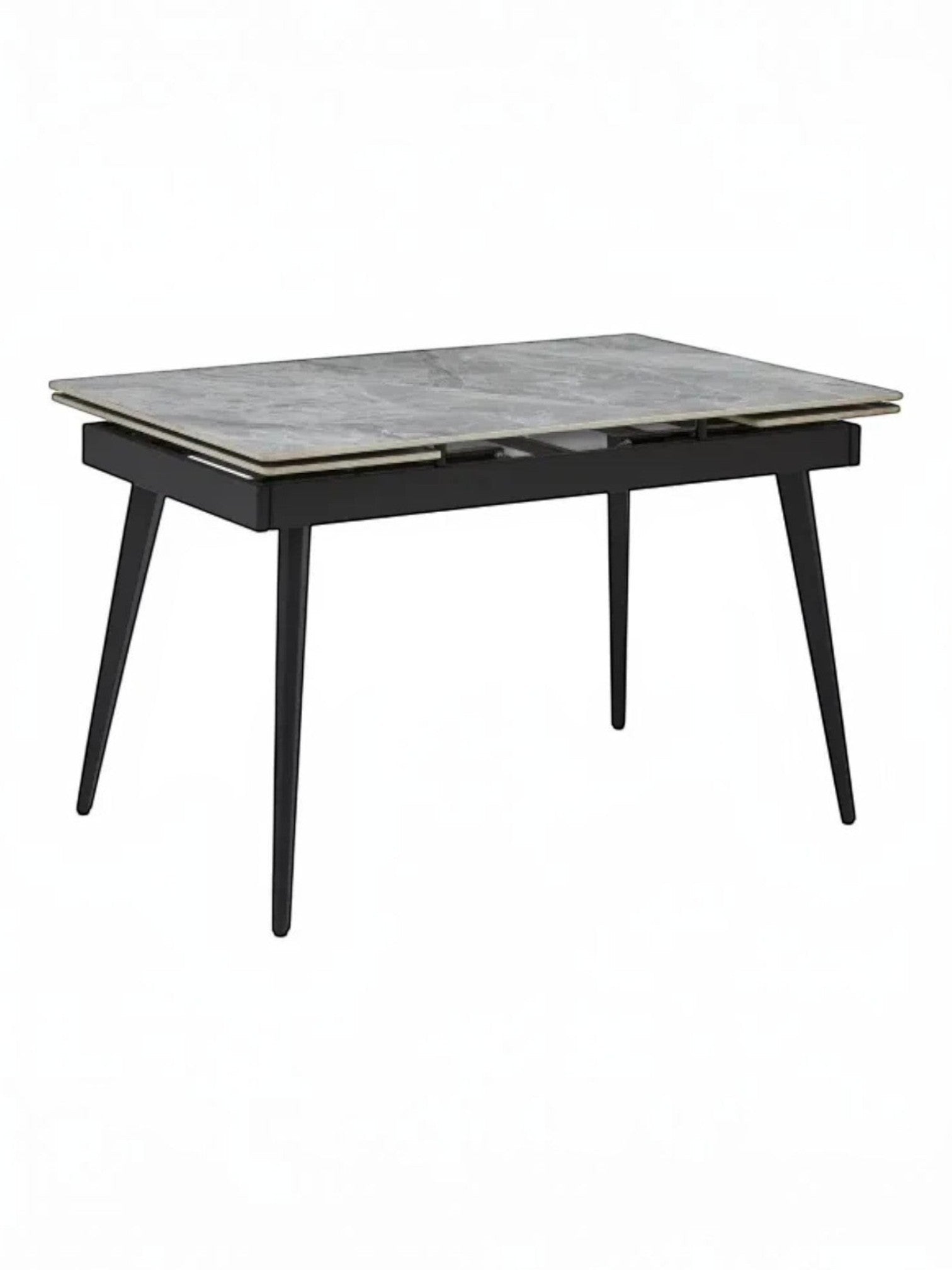 Table à manger Studio TOCO Meubles grise extensible avec plateau en pierre frittée et pieds en métal noir.