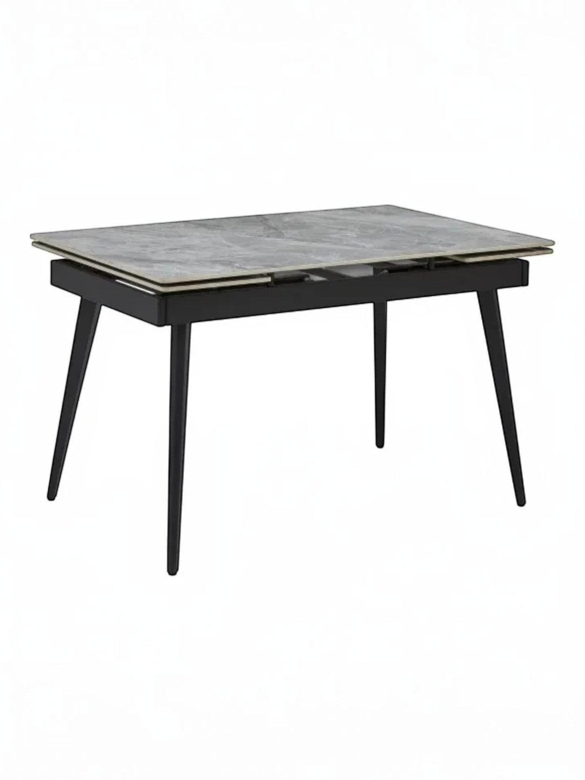 Table à manger Studio TOCO Meubles grise extensible avec plateau en pierre frittée et pieds en métal noir.