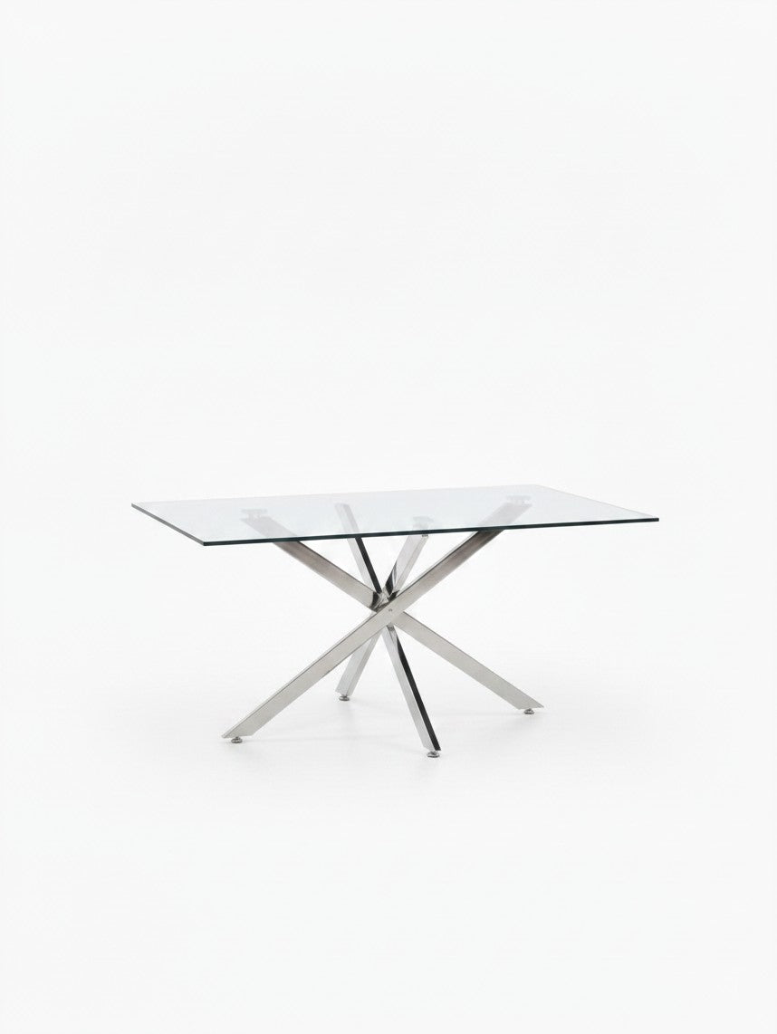 Table de salle à manger Malia TOCO Meubles avec plateau en verre rectangulaire et base croisée en métal chromé