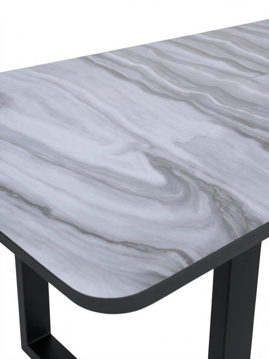 Table de salle à manger TOCO Meubles Avino avec dessus en verre effet marbre et pieds en métal noir mat