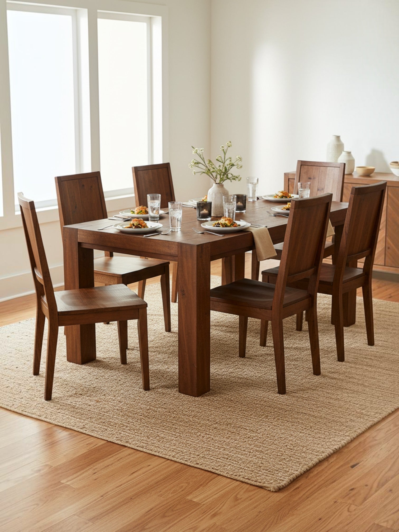 Table de salle à manger extensible TOCO Meubles en noyer américain massif avec chaises assorties dans une salle à manger