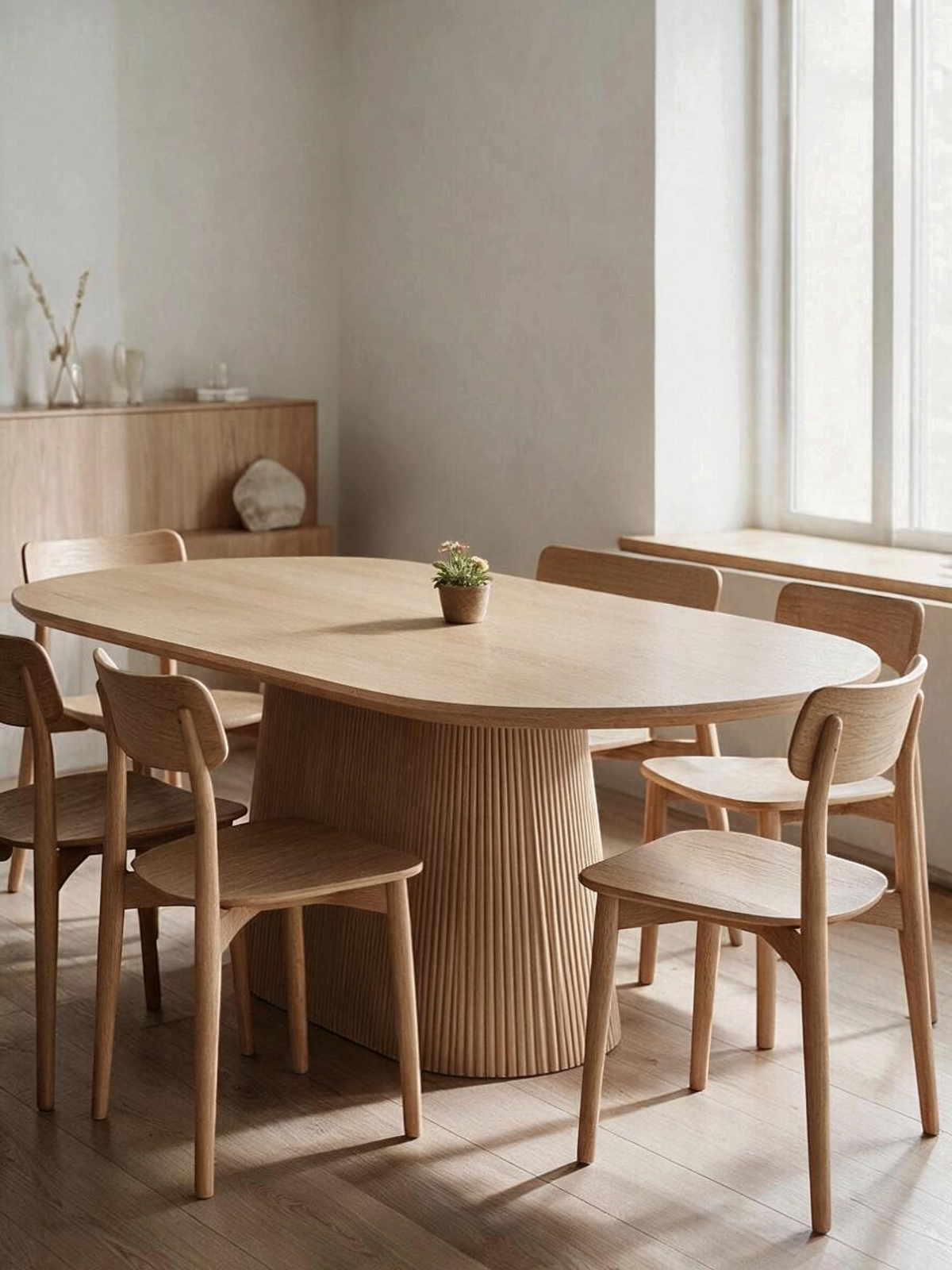 Table de salle à manger ovale Savanah par TOCO Meubles en placage de chêne naturel avec base centrale cannelée