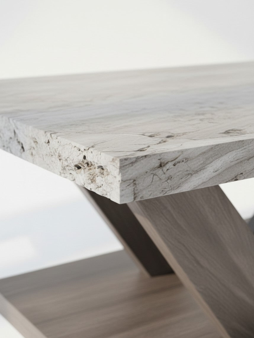 Gros plan sur le plateau en pierre texturée et la base en bois de la table TOCO Meubles de l'ensemble Benso
