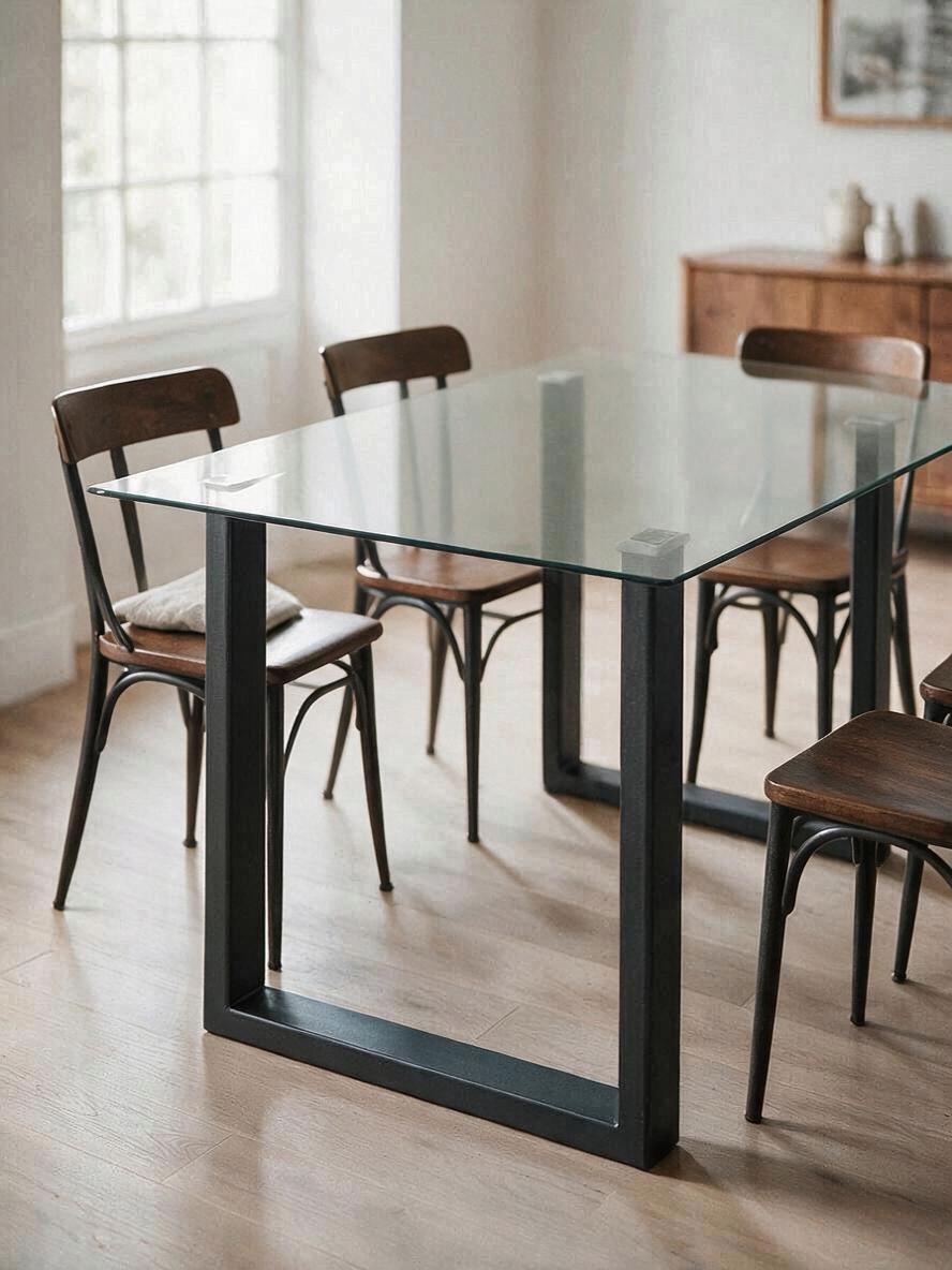 Table de salle à manger rectangulaire Ranco par TOCO Meubles avec plateau en verre trempé et structure en métal noir