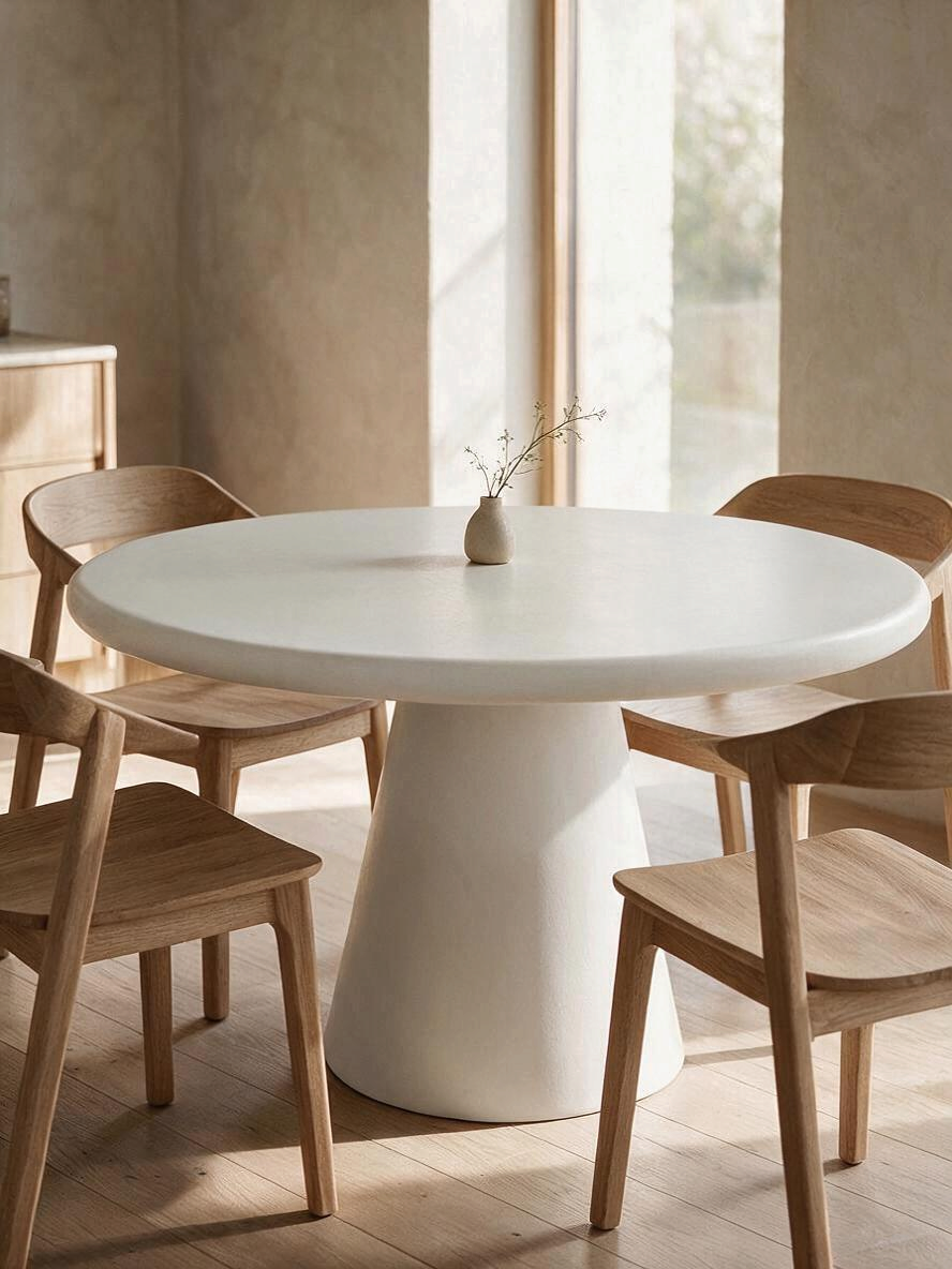 Table de salle à manger ronde TOCO Meubles Elsa blanche avec plateau effet ciment et base conique centrale