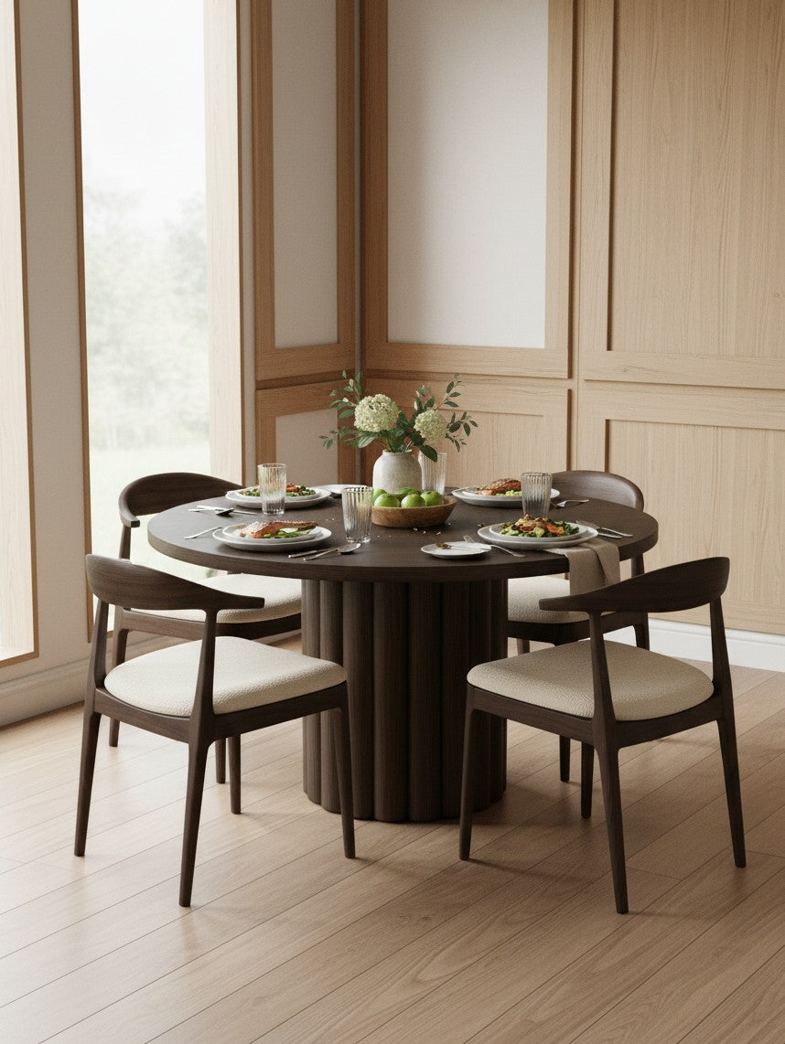 Table de salle à manger ronde Délio par TOCO Meubles en bois brun foncé avec chaises assorties dans une salle à manger