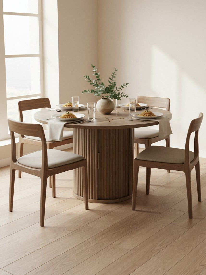 Table de salle à manger ronde Oslo par TOCO Meubles en bois avec pied central cannelé et rangement intégré