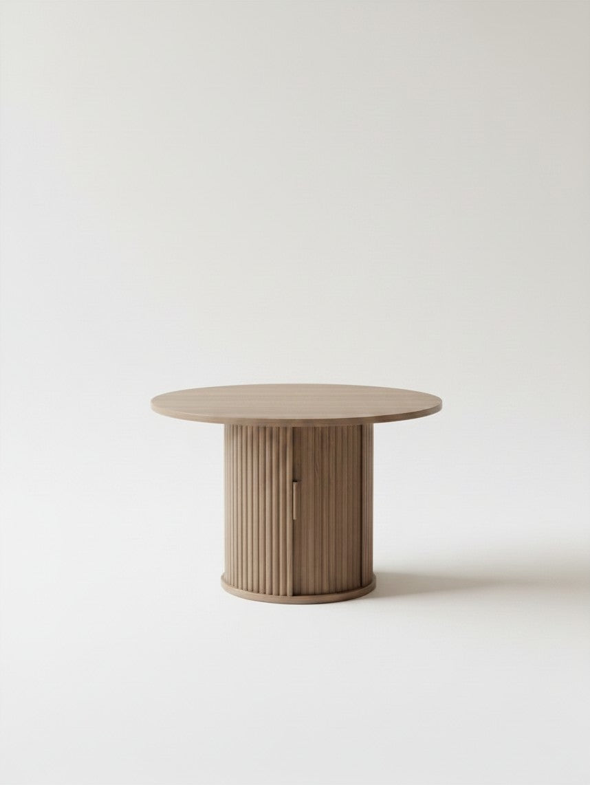 Table de salle à manger ronde TOCO Meubles Oslo en bois avec pied central cannelé et rangement intégré