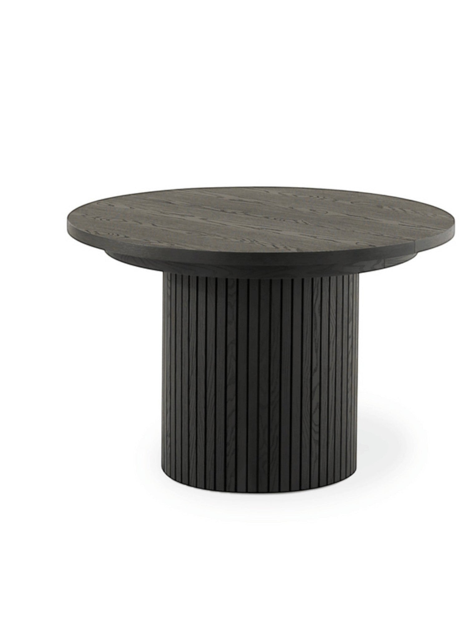 Table à manger ronde TOCO Meubles en bois fumé, design moderne avec pied cylindrique cannelé.