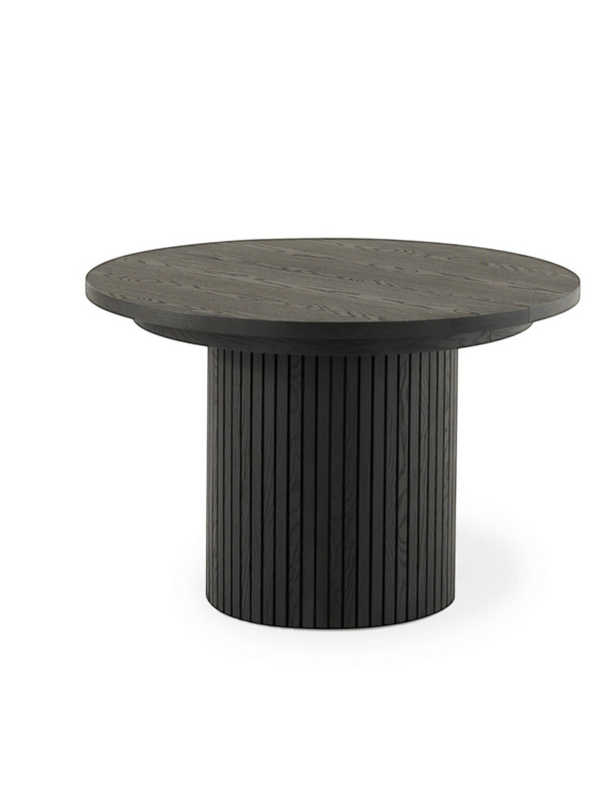 Table à manger ronde TOCO Meubles en bois fumé, design moderne avec pied cylindrique cannelé.