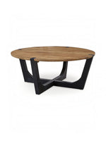 Table de salon ronde TOCO Meubles avec plateau en bois naturel et pieds croisés en métal noir