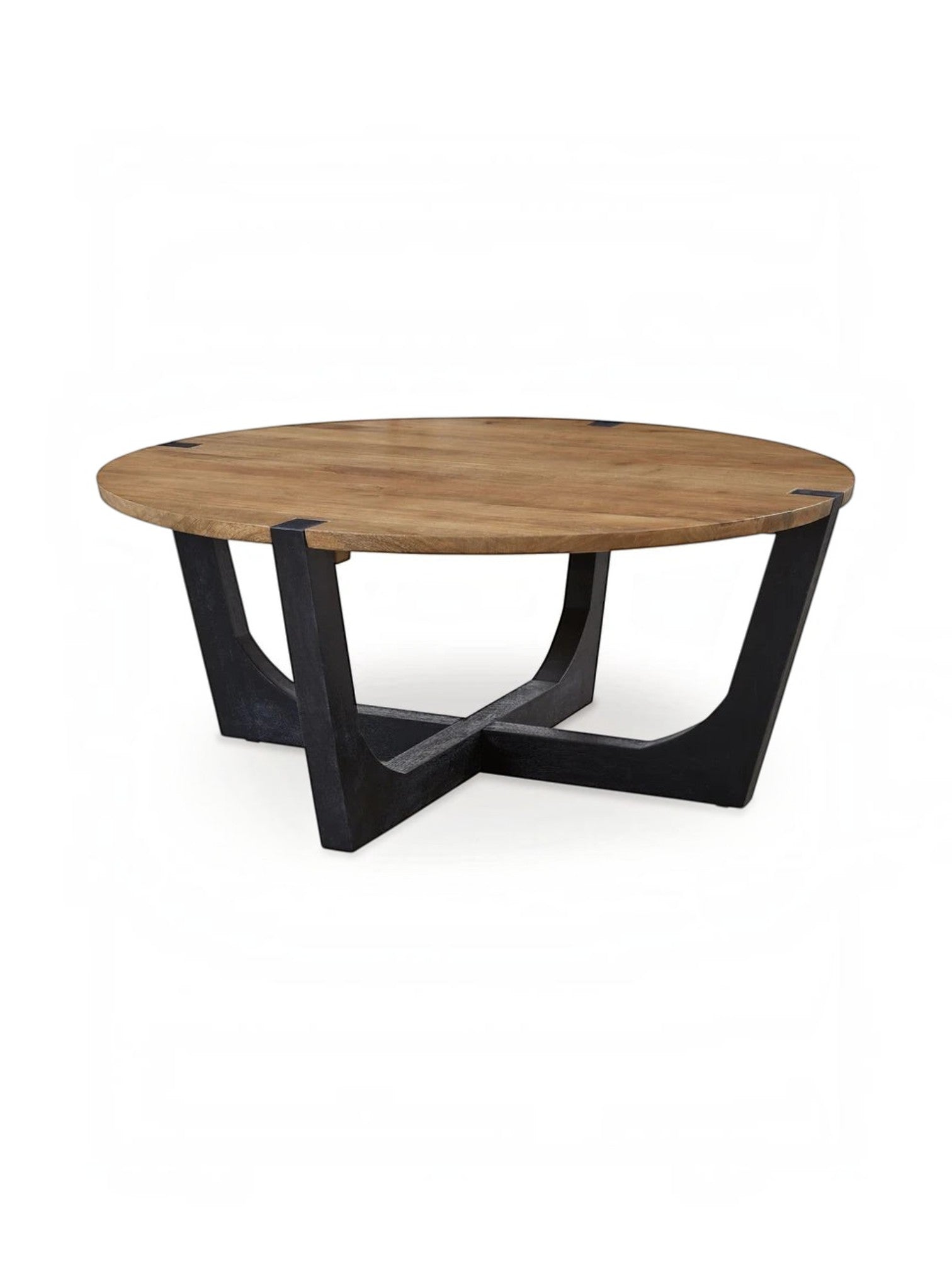 Table de salon ronde TOCO Meubles avec plateau en bois naturel et pieds croisés en métal noir