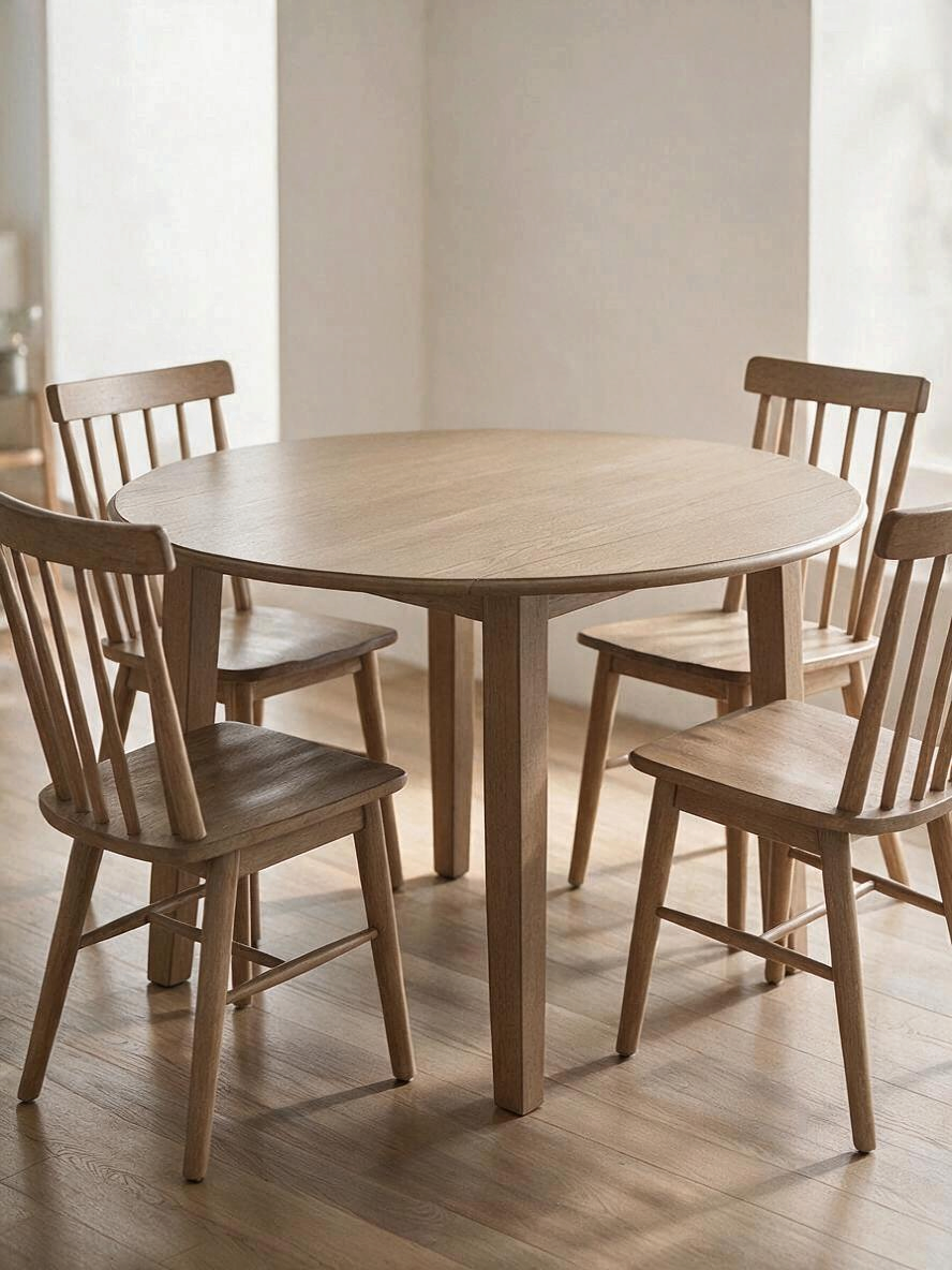 Table de salle à manger ronde Cora par TOCO Meubles en bois naturel avec quatre chaises assorties dans un salon