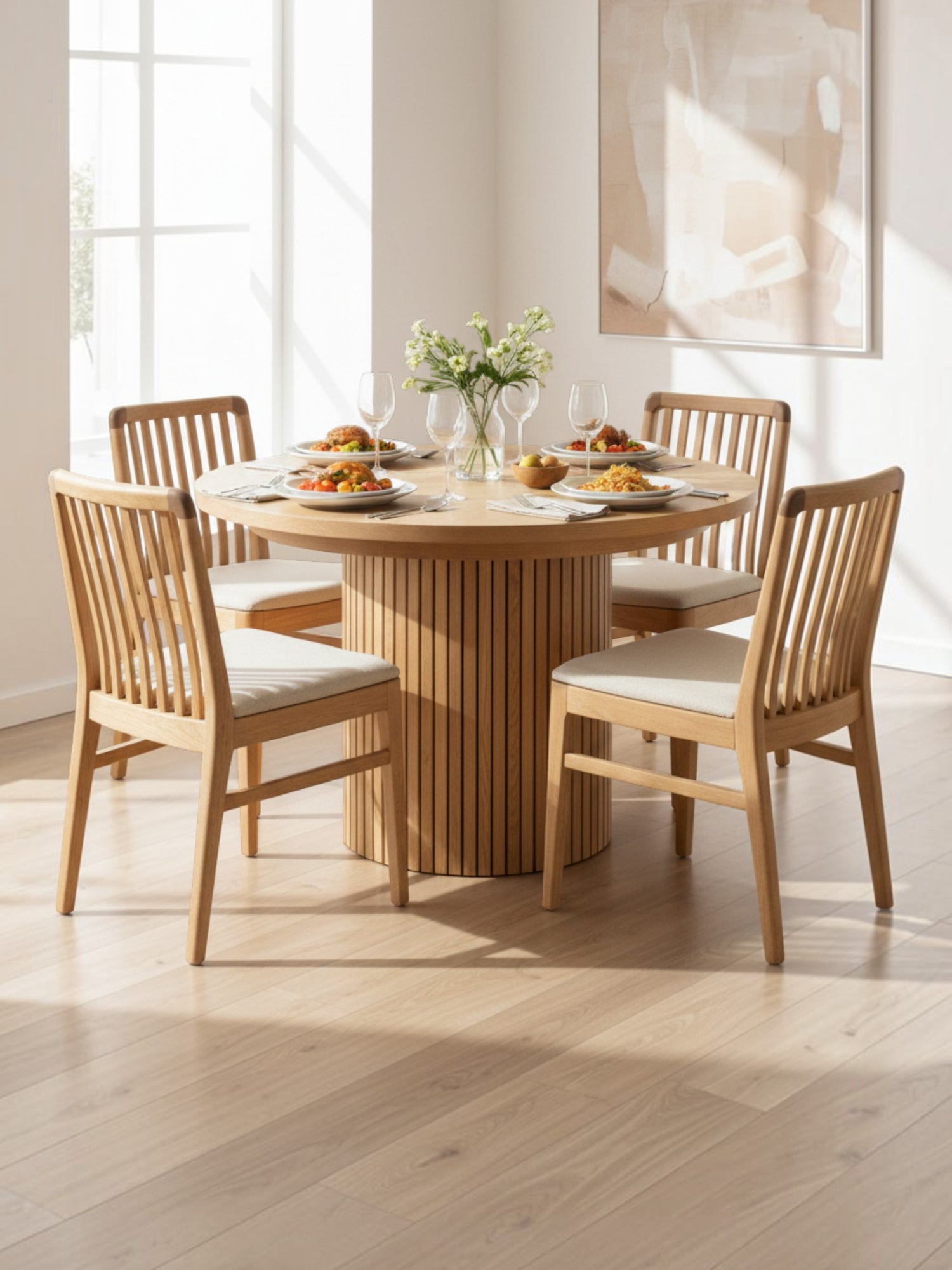 Table de salle à manger ronde TOCO Meubles en chêne scandinave avec pied central à lattes et quatre chaises assorties