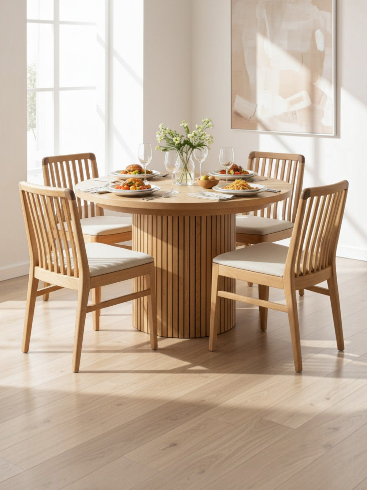 Table de salle à manger ronde TOCO Meubles en chêne scandinave avec pied central à lattes et quatre chaises assorties