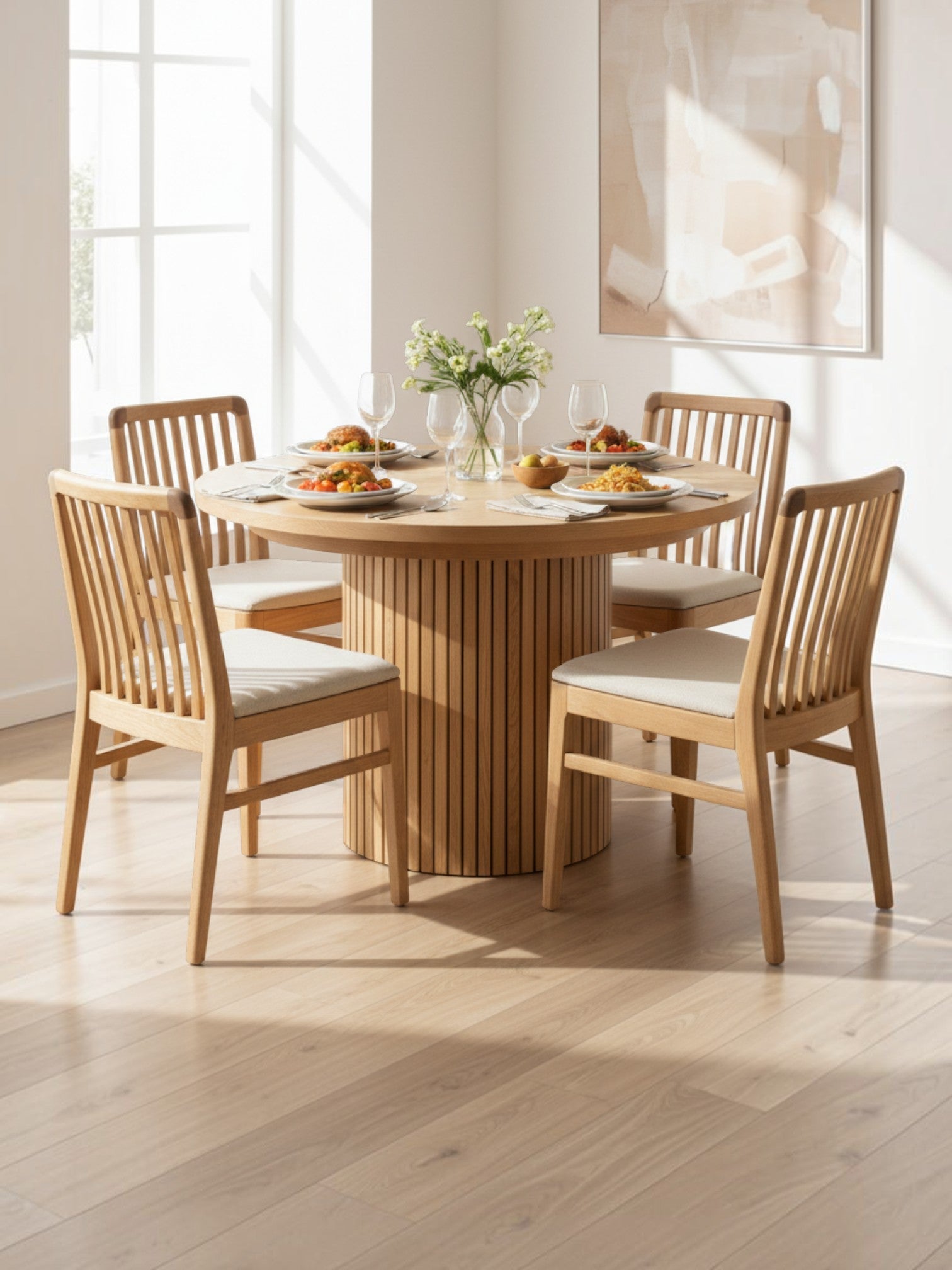Table de salle à manger ronde TOCO Meubles en chêne scandinave avec pied central à lattes et quatre chaises assorties