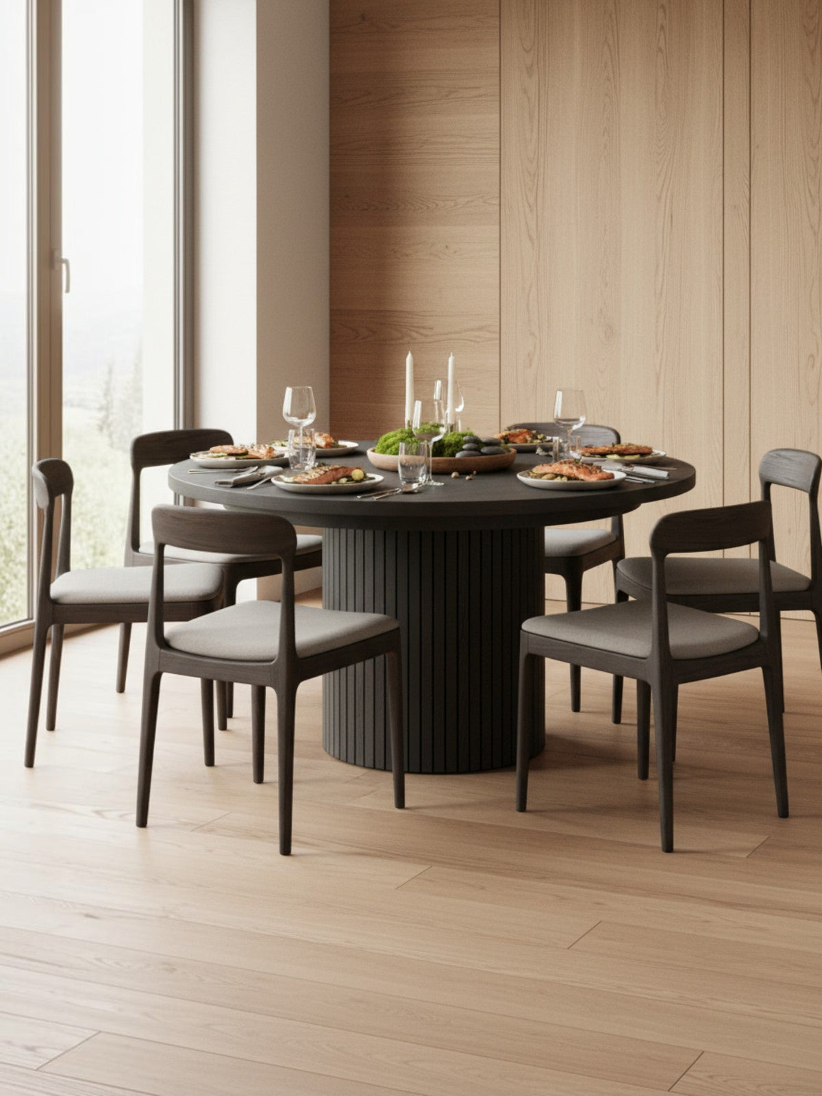 Table ronde TOCO Meubles en hickory fumé avec pied central strié et chaises assorties dans une salle à manger moderne