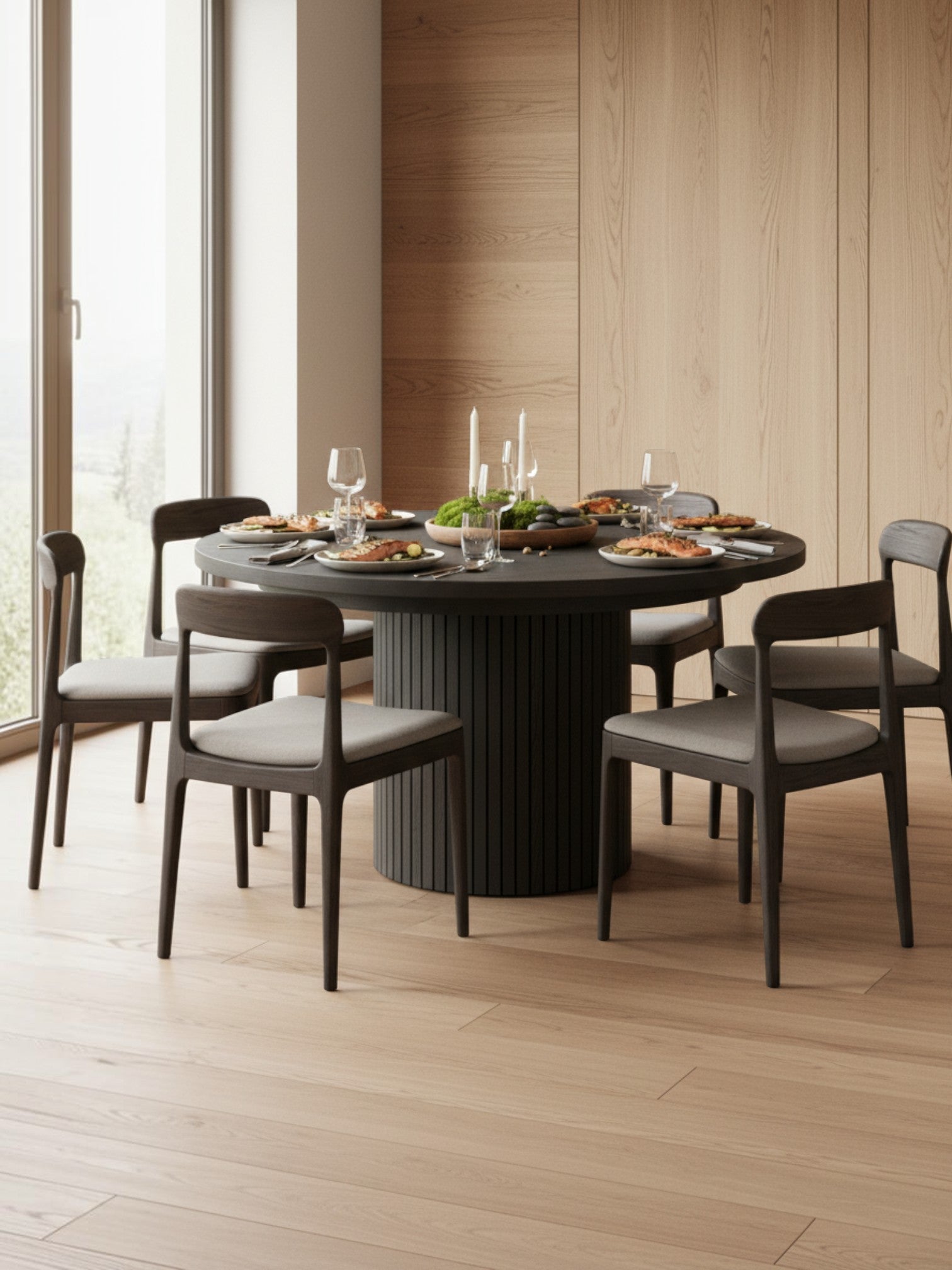 Table ronde TOCO Meubles en hickory fumé avec pied central strié et chaises assorties dans une salle à manger moderne