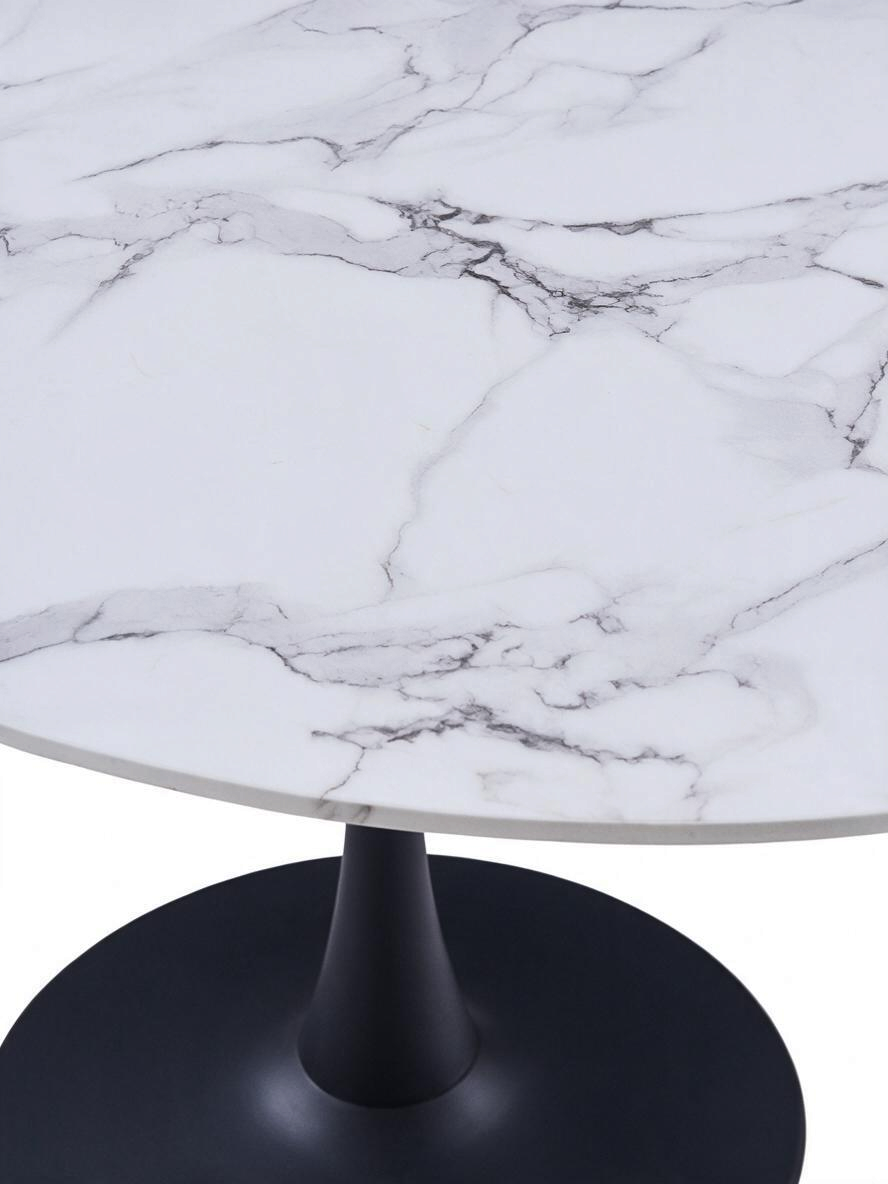 Table ronde Zila de TOCO Meubles avec plateau effet marbre blanc et base centrale en métal noir mat