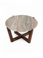 Table de salon ronde TOCO Meubles Tanido avec plateau en pierre marbrée beige et base croisée en bois brun