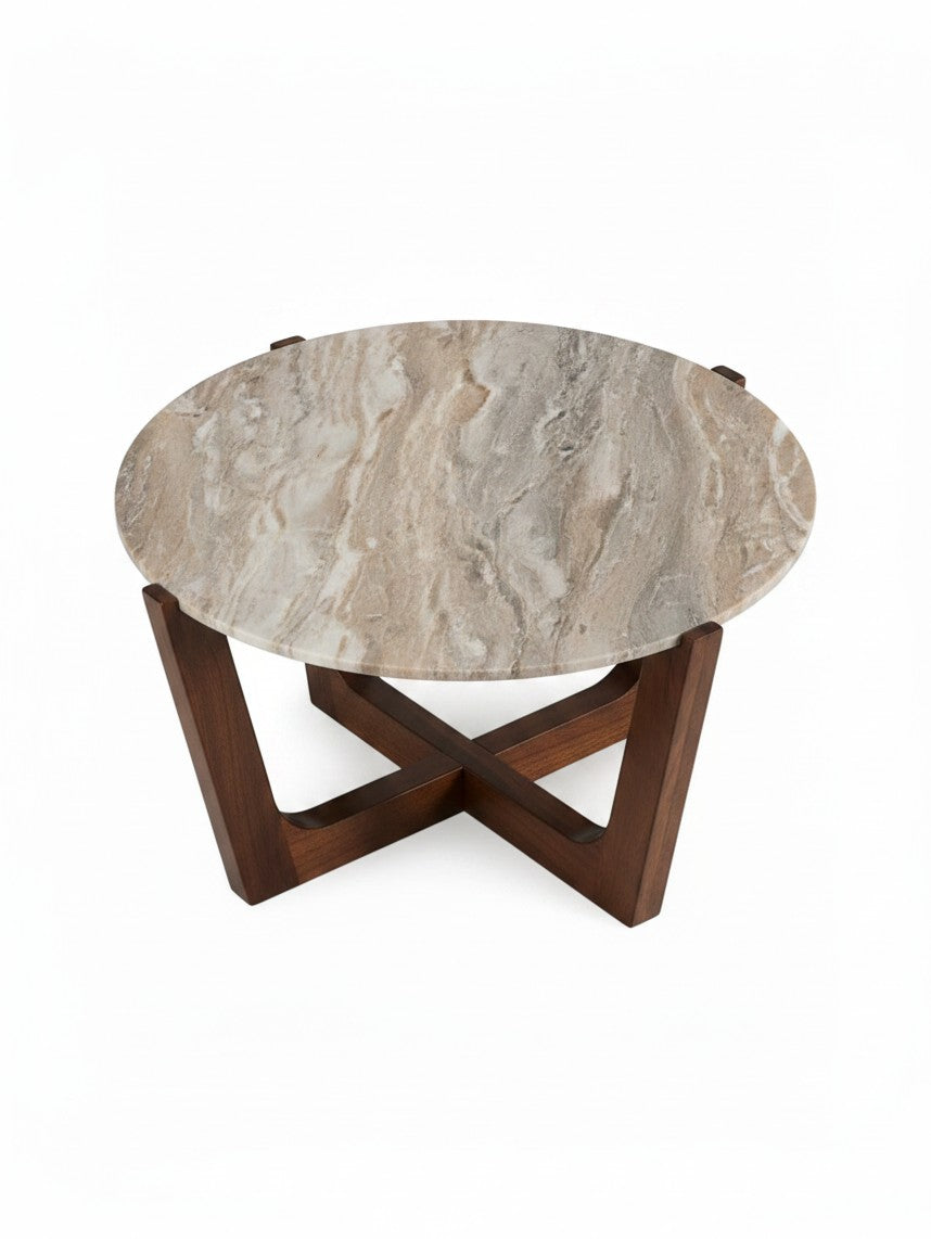 Table de salon ronde TOCO Meubles Tanido avec plateau en pierre marbrée beige et base croisée en bois brun