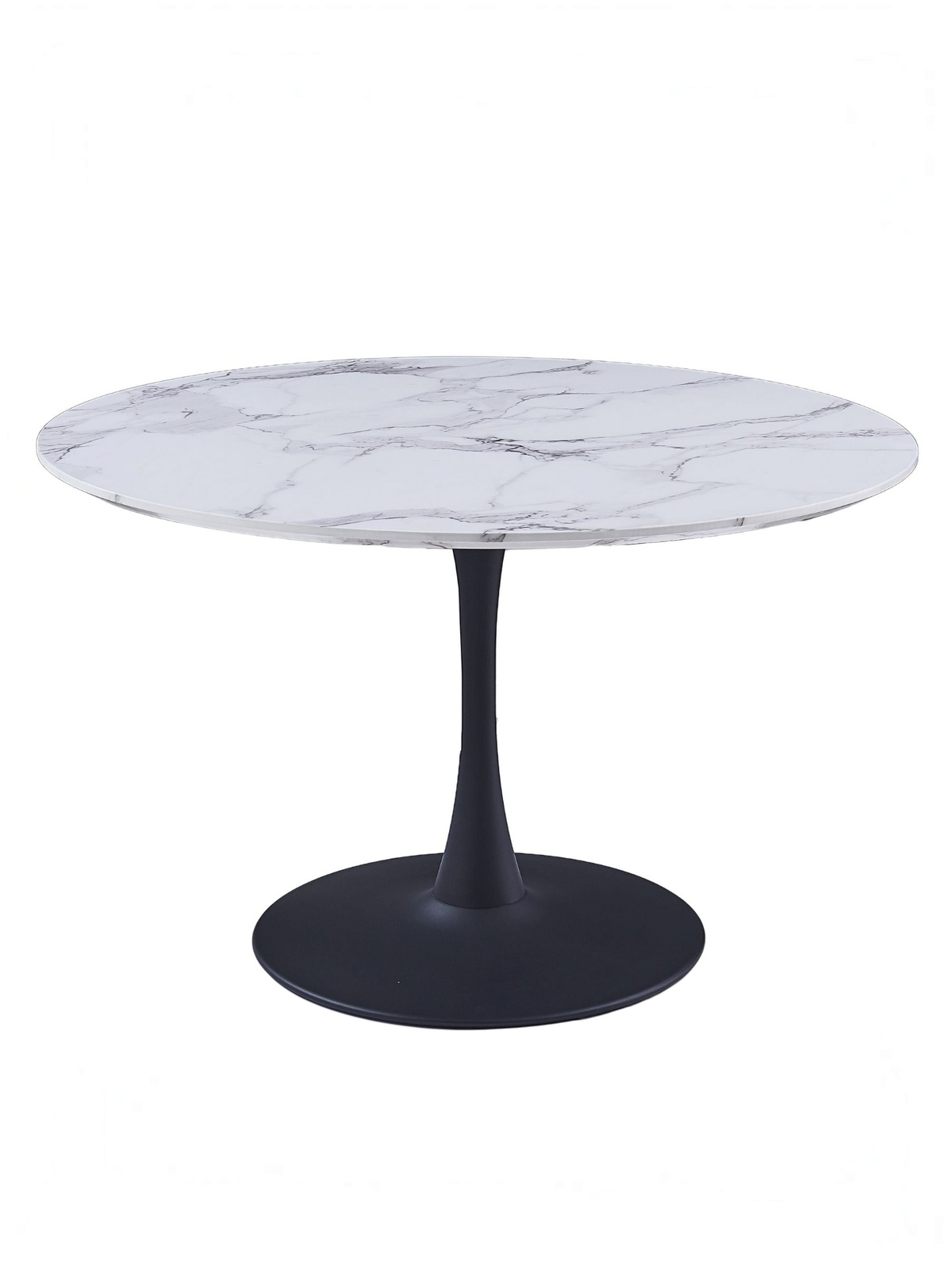 Table de salle à manger ronde Zila par TOCO Meubles avec plateau effet marbre blanc et base centrale en métal noir