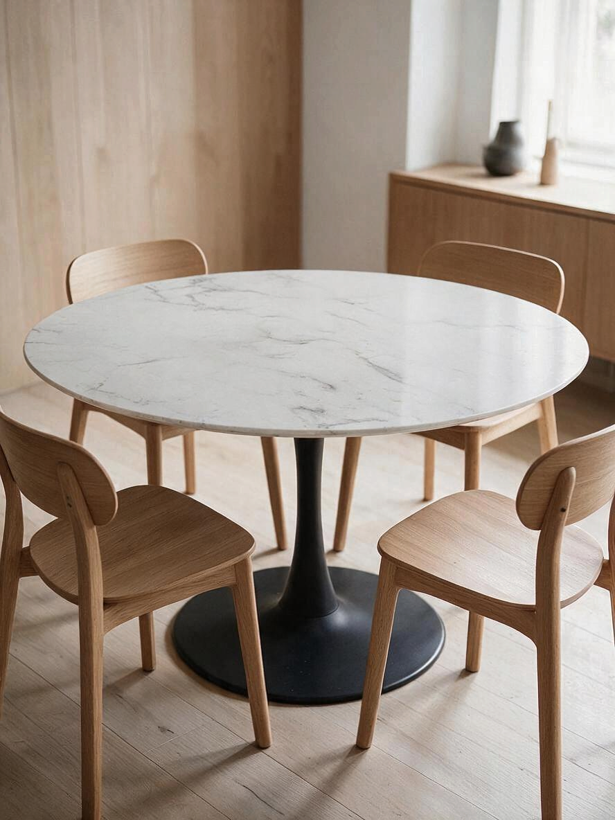 Table ronde TOCO Meubles Zila avec plateau effet marbre blanc et base centrale en métal noir mat entourée de chaises