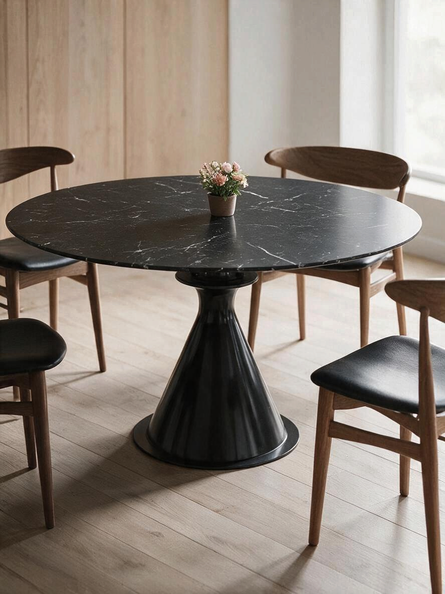 Table ronde TOCO Meubles avec plateau en pierre frittée effet marbre noir et base conique en métal noir