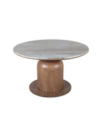Table de salle à manger ronde TOCO Meubles Atina avec plateau en marbre Fantasy Brown et base en bois de manguier noyer