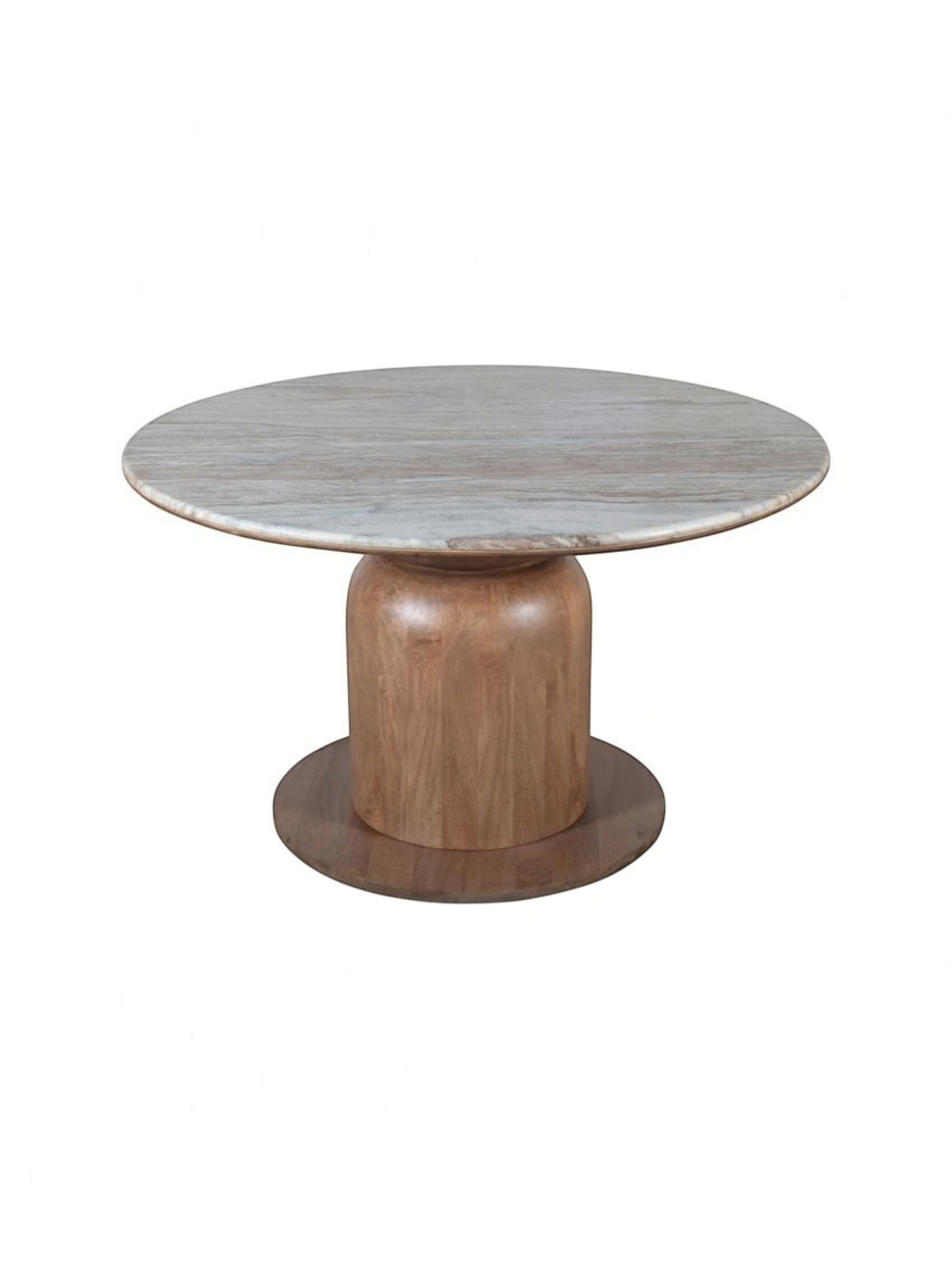 Table de salle à manger ronde TOCO Meubles Atina avec plateau en marbre Fantasy Brown et base en bois de manguier noyer