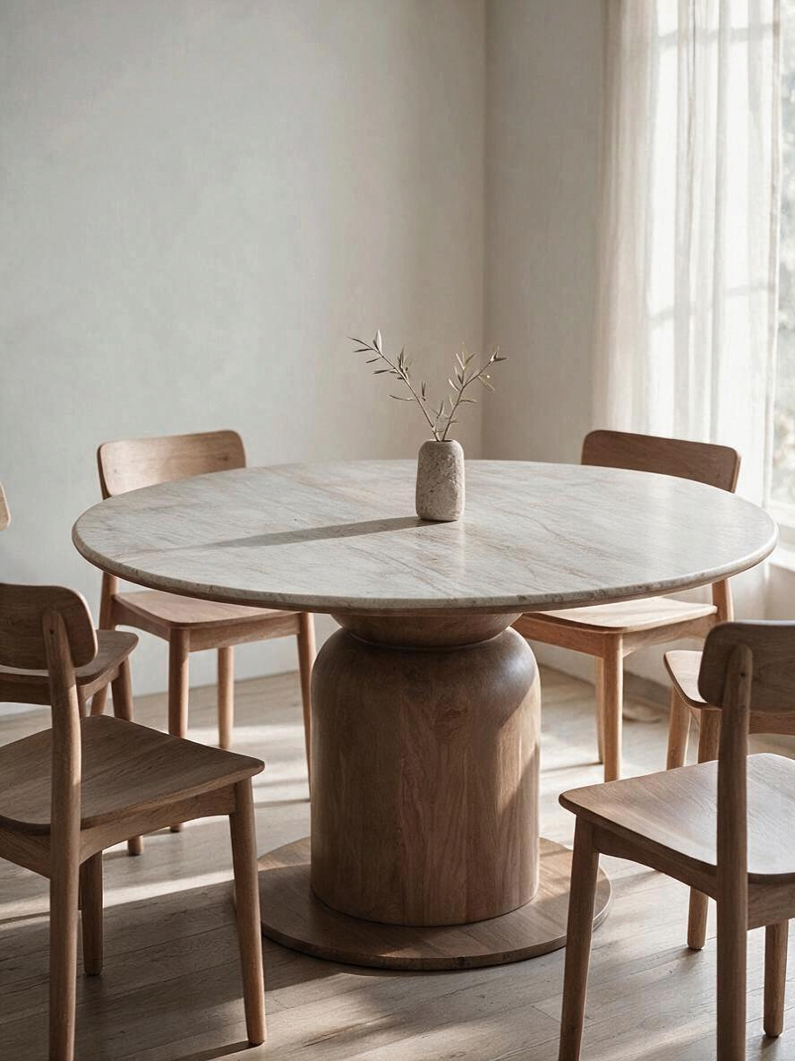 Table ronde TOCO Meubles Atina avec plateau en marbre Fantasy Brown et base sculpturale en bois de manguier noyer