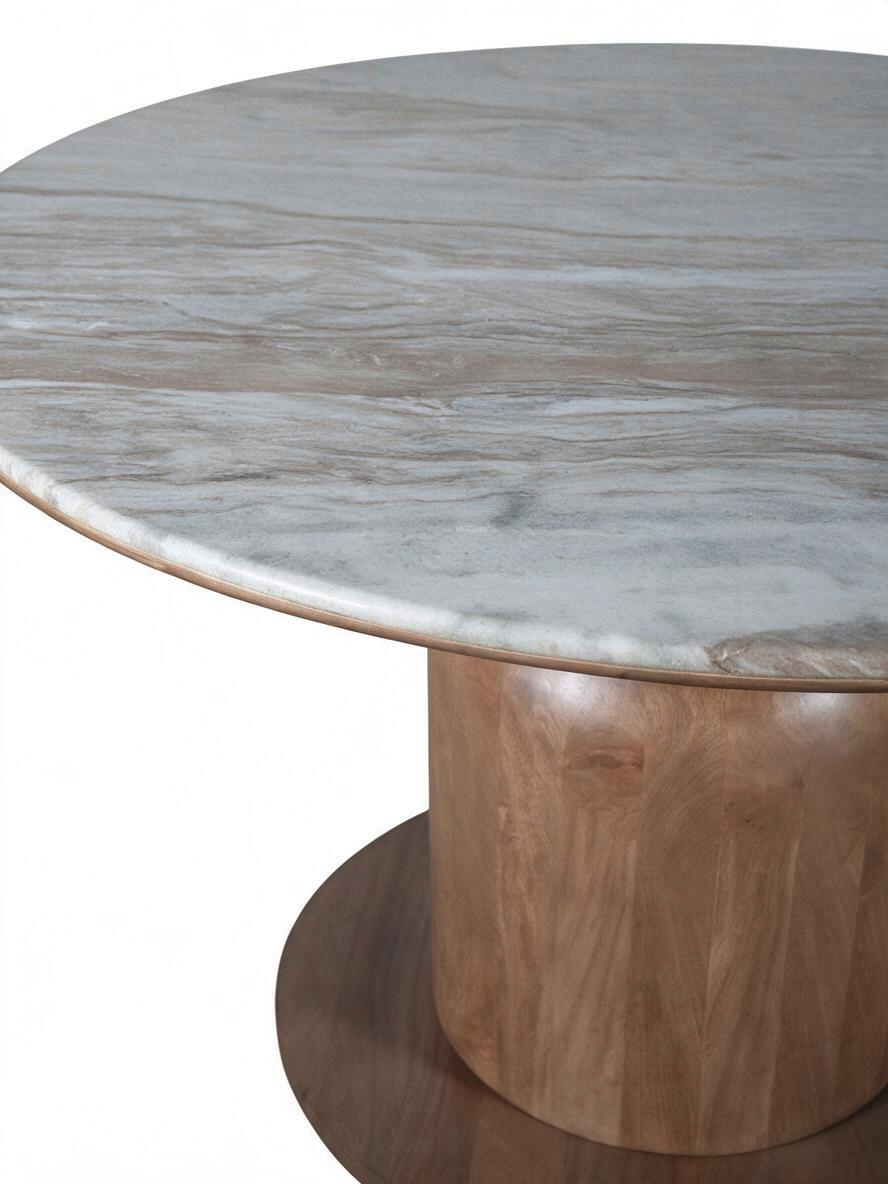 Table de salle à manger ronde TOCO Meubles Atina avec plateau en marbre Fantasy Brown et base en bois de manguier noyer