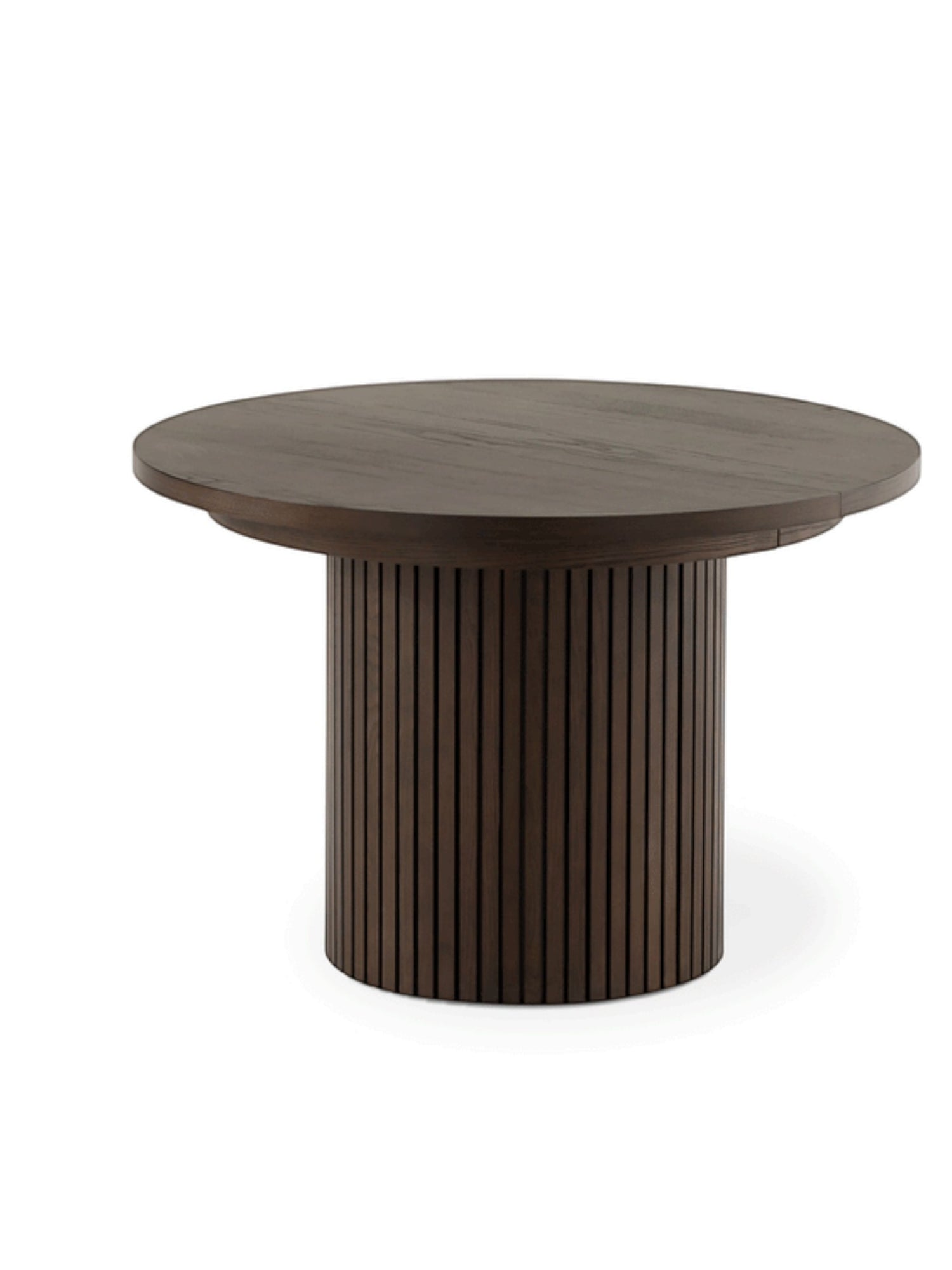 Table de salle à manger ronde TOCO Meubles en bois de noyer foncé avec pied cylindrique côtelé.