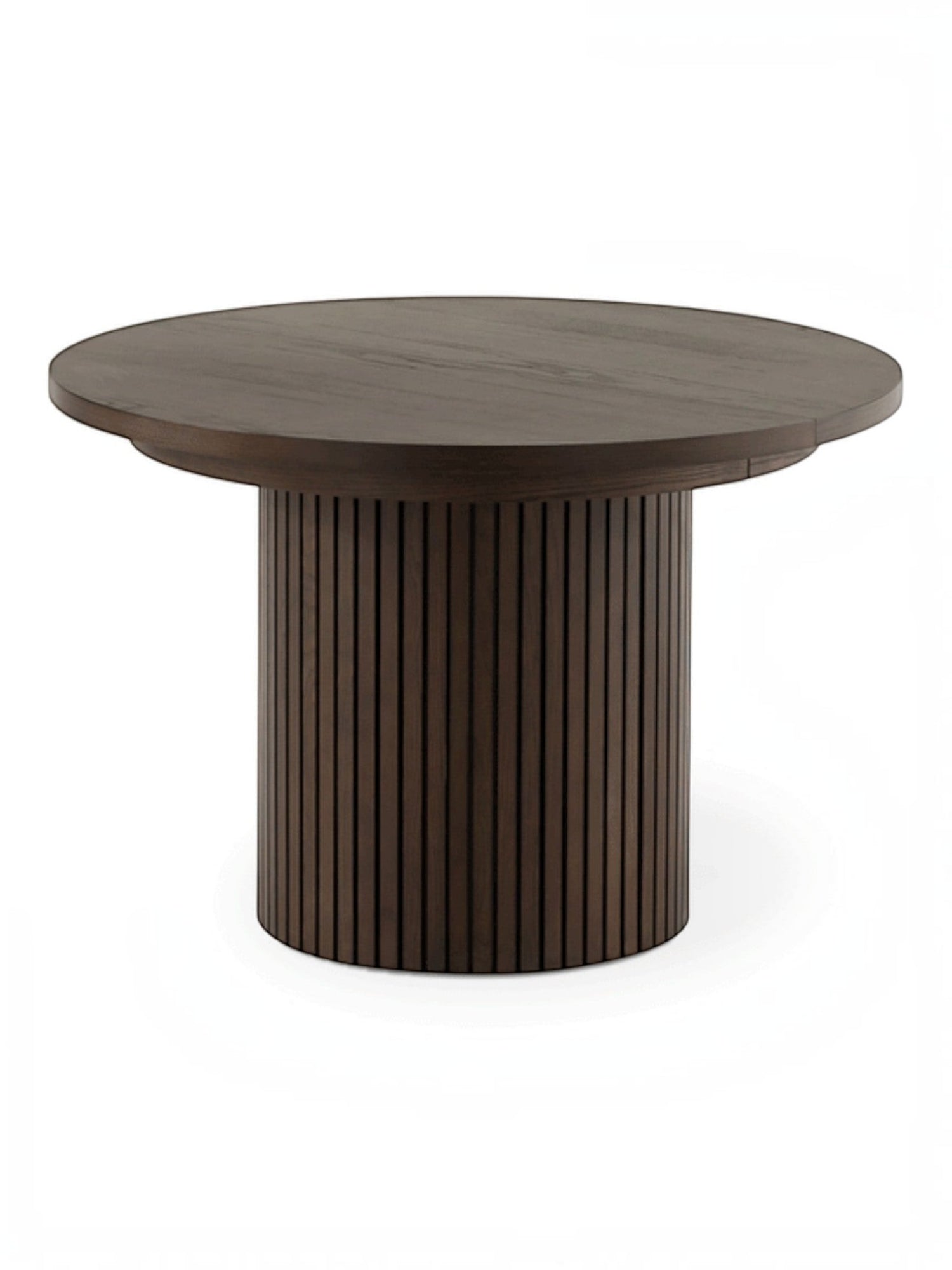 Table de salle à manger ronde TOCO Meubles en bois de noyer foncé avec pied cylindrique côtelé.