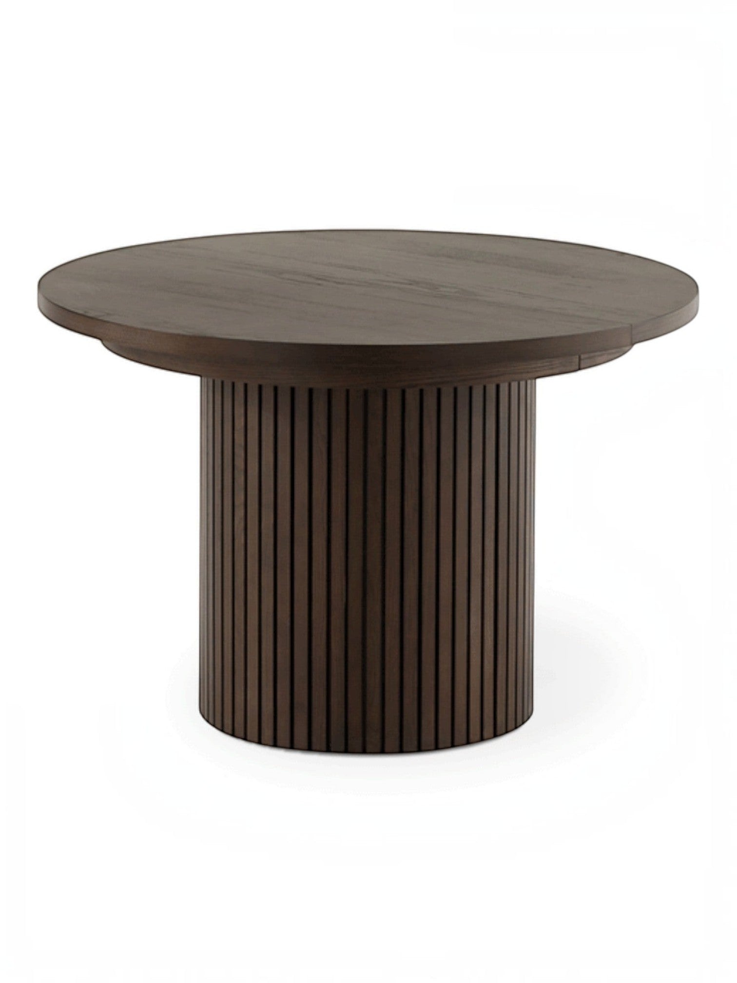 Table de salle à manger ronde TOCO Meubles en bois de noyer foncé avec pied cylindrique côtelé.