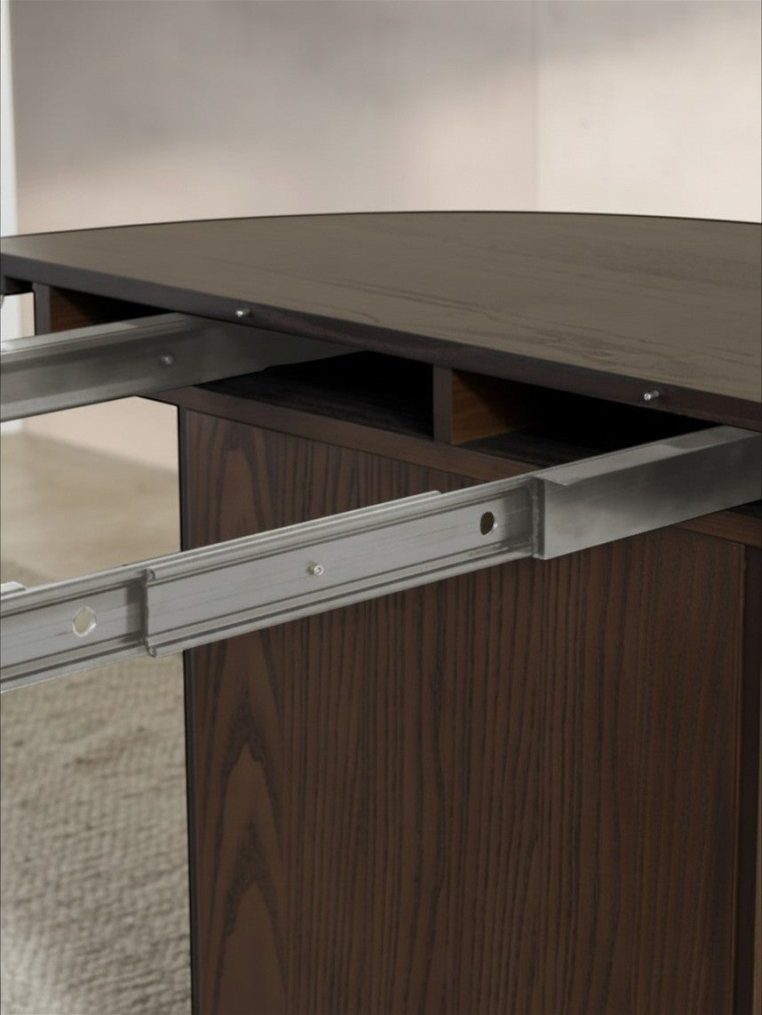 Mécanisme coulissant en métal de la table ronde extensible TOCO Meubles en noyer foncé avec rangement intégré