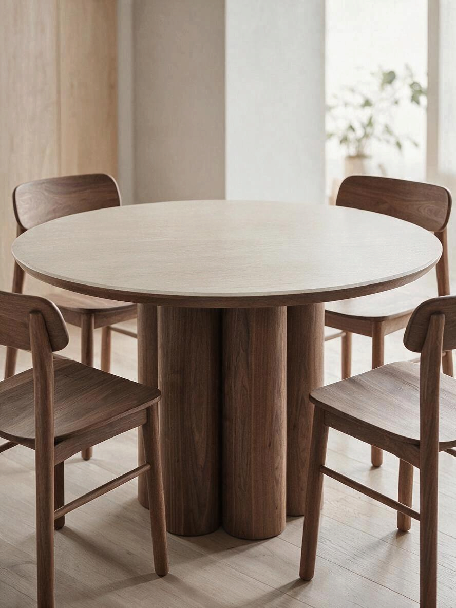 Table ronde TOCO Meubles Haton avec plateau en pierre frittée effet travertin et base centrale en bois de noyer