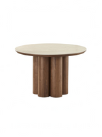 Table de salle à manger ronde Haton par TOCO Meubles avec plateau effet travertin et base centrale en bois noyer