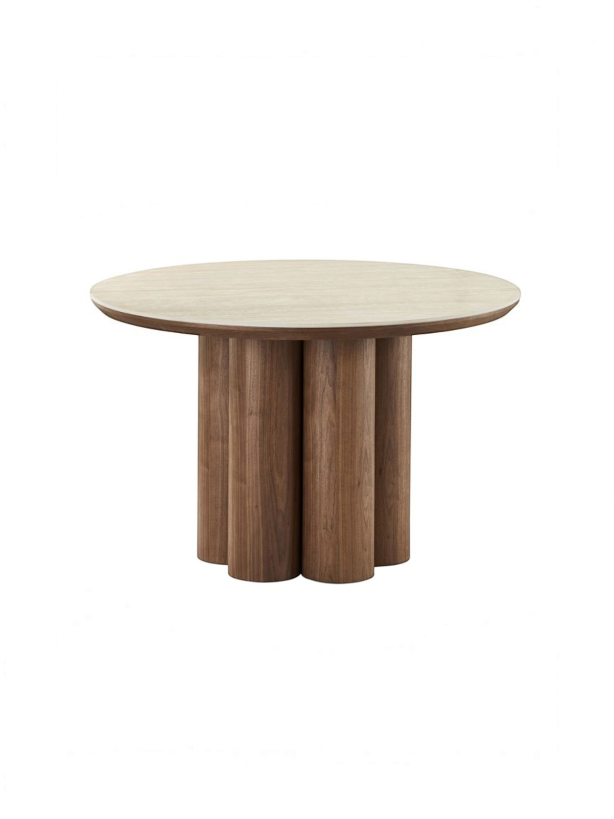 Table de salle à manger ronde Haton par TOCO Meubles avec plateau effet travertin et base centrale en bois noyer