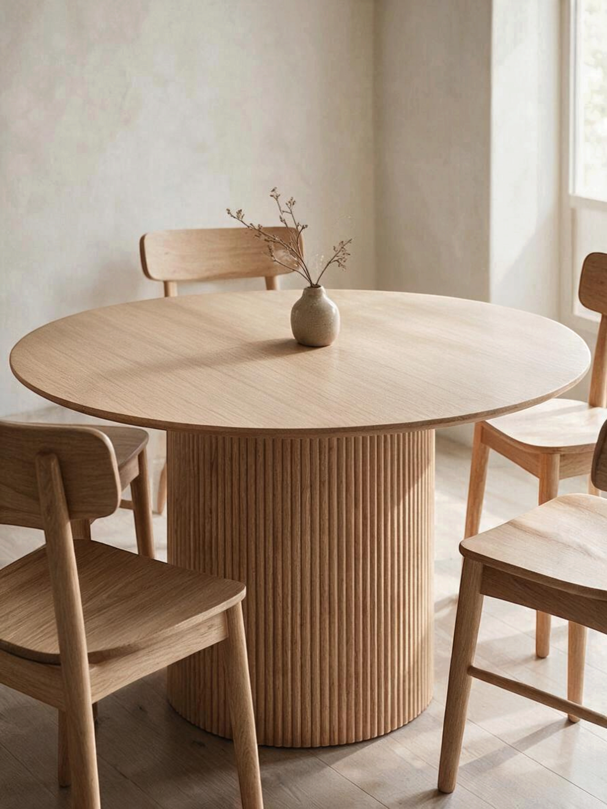 Table de salle à manger ronde Savanah TOCO Meubles en bois naturel avec base centrale rainurée et plateau en chêne