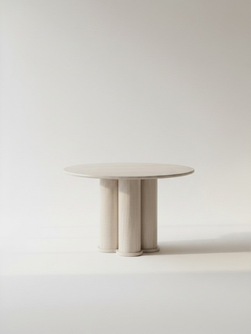 Table de salle à manger ronde TOCO Meubles Sofia avec plateau et pied sculptural effet travertin beige naturel
