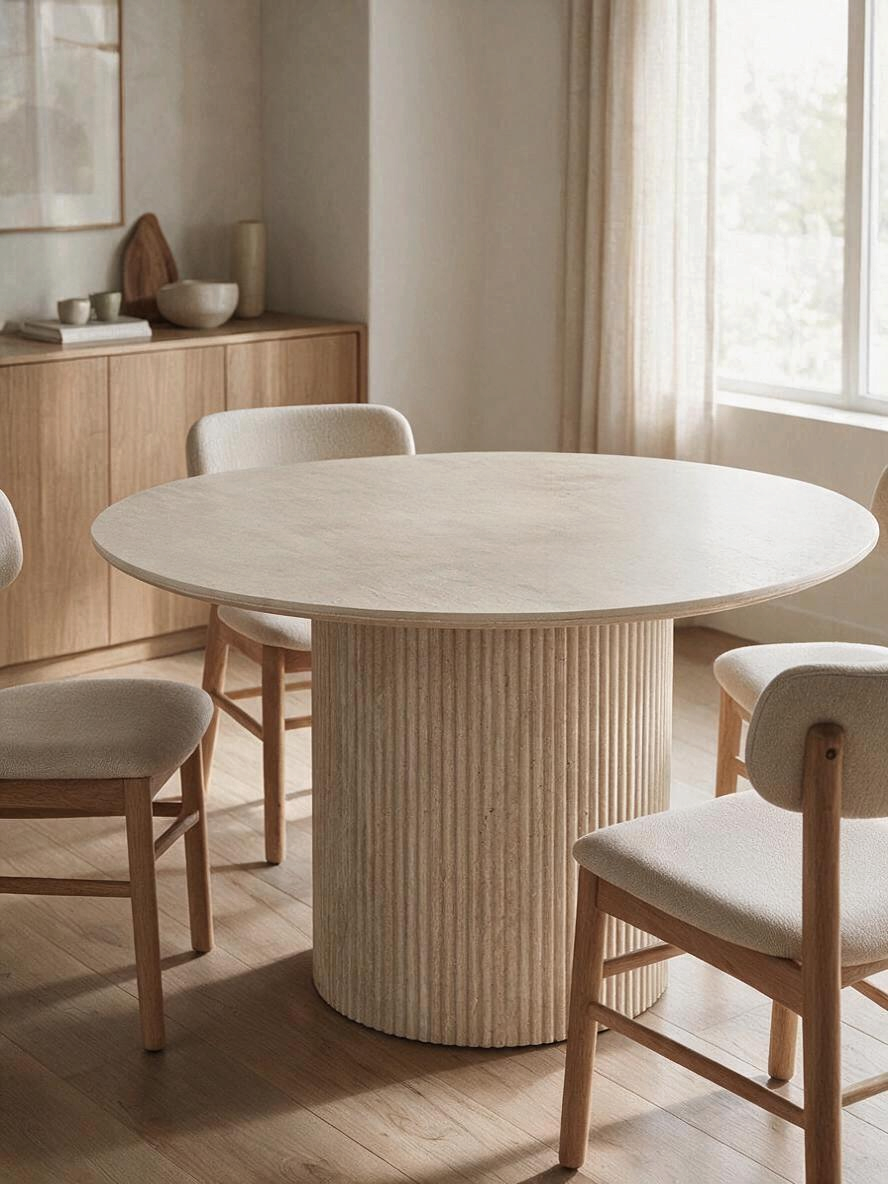 Table de salle à manger ronde Nathalia par TOCO Meubles avec plateau en pierre frittée ivoire et base cannelée