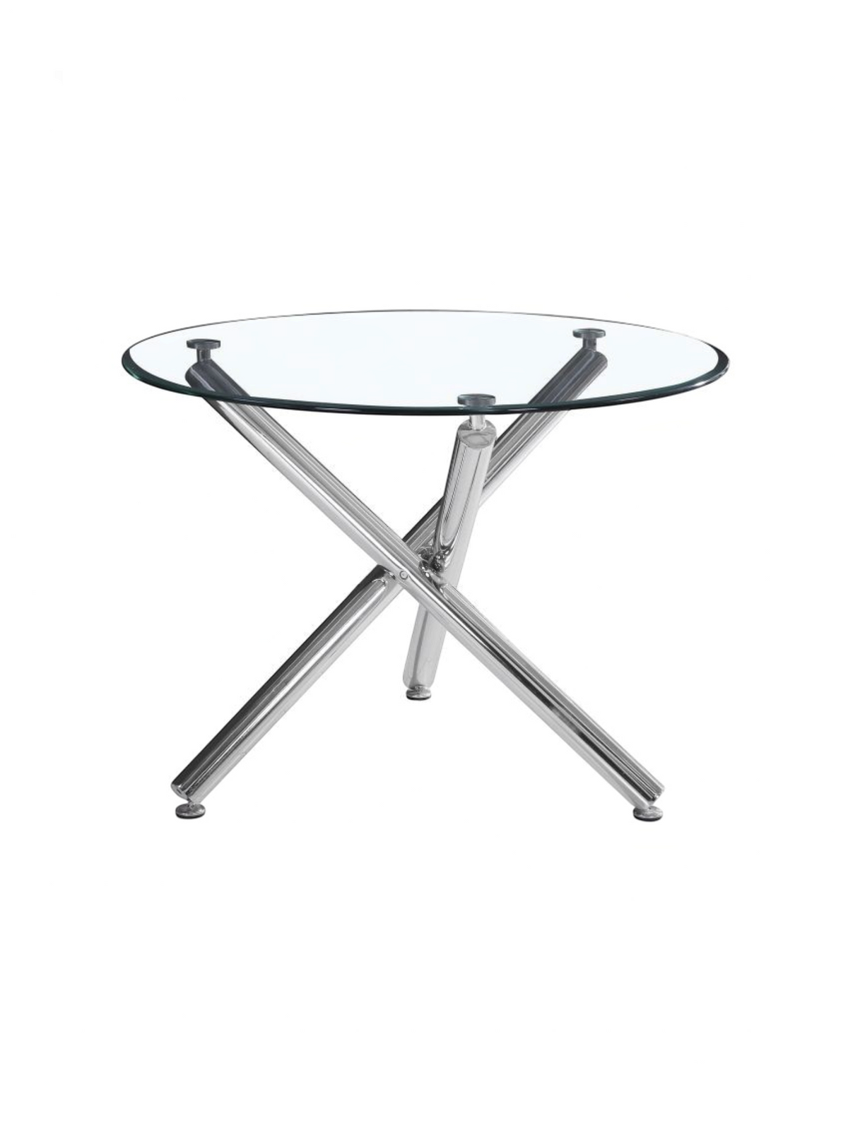 Table de salle à manger ronde Lara par TOCO Meubles avec plateau en verre trempé et base croisée en chrome brillant
